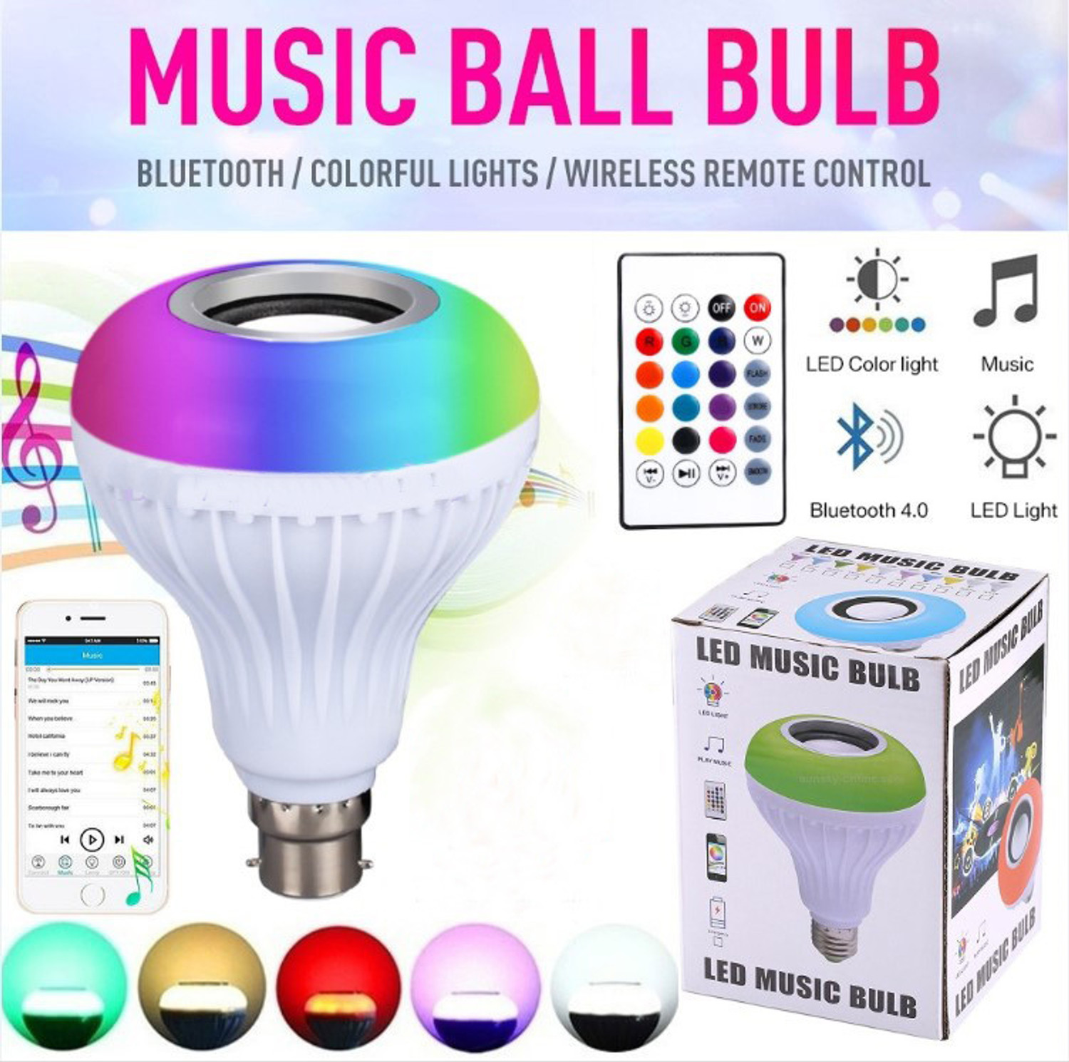 Image of iDOLESHOP Bluetooth Music LED Light Bulb Colourful Built-in Audio Speaker With Remote Torch