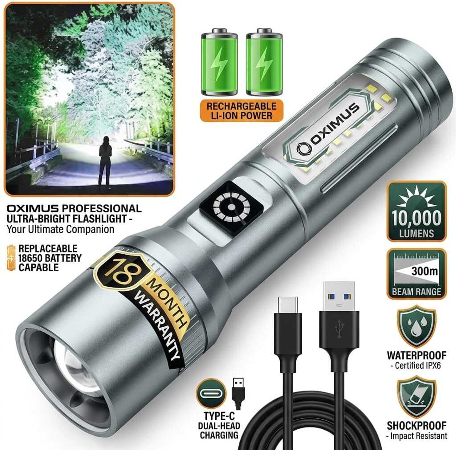 Image of Oximus Tactical Pro Flashlight | 10000 Lumens with Zoom & Dual Blinker LED COB Light Torch