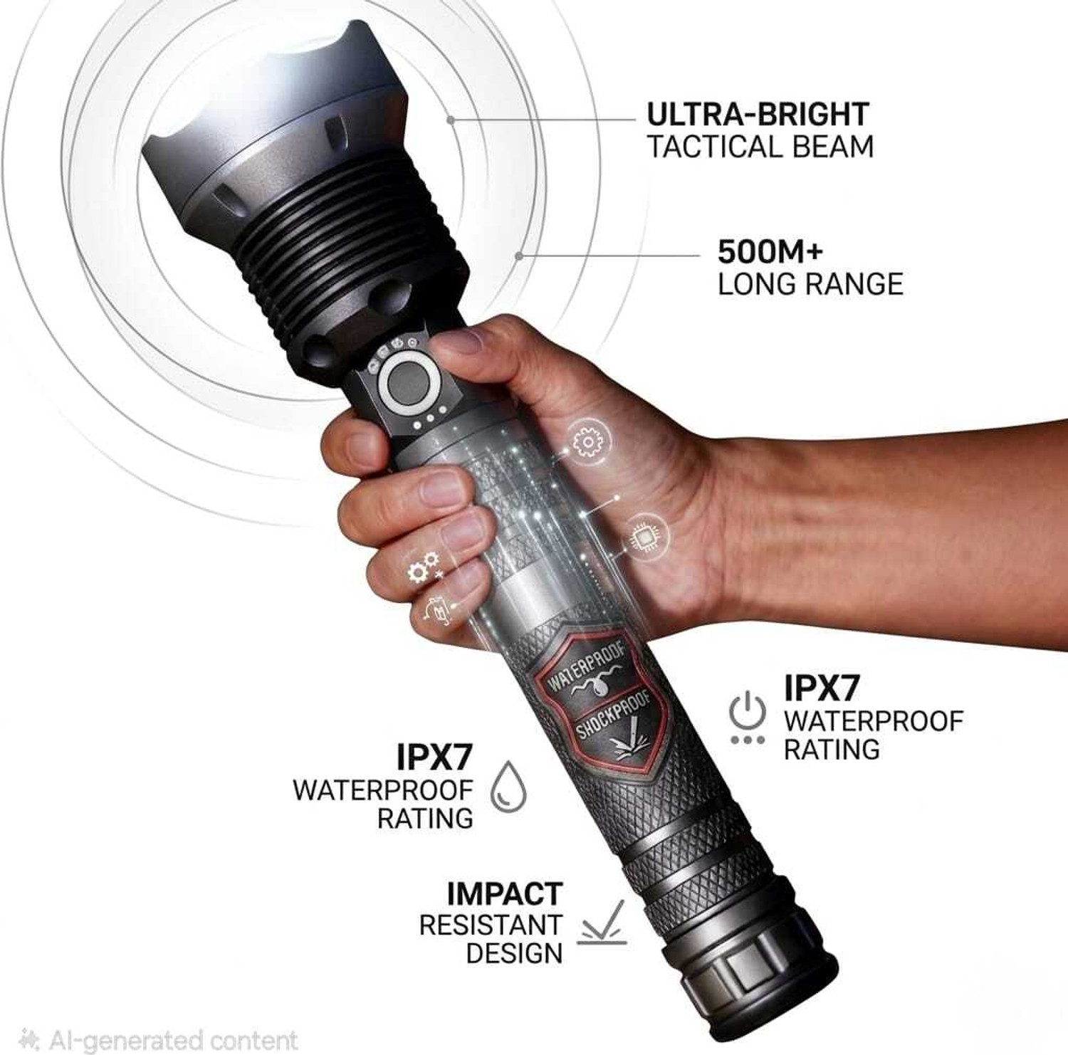 Image of Oximus Pro Series 100000 Lumens Tactical Super Bright Flashlight 5 Modes Outdoor Torch (Black, 27 cm, Rechargeable)