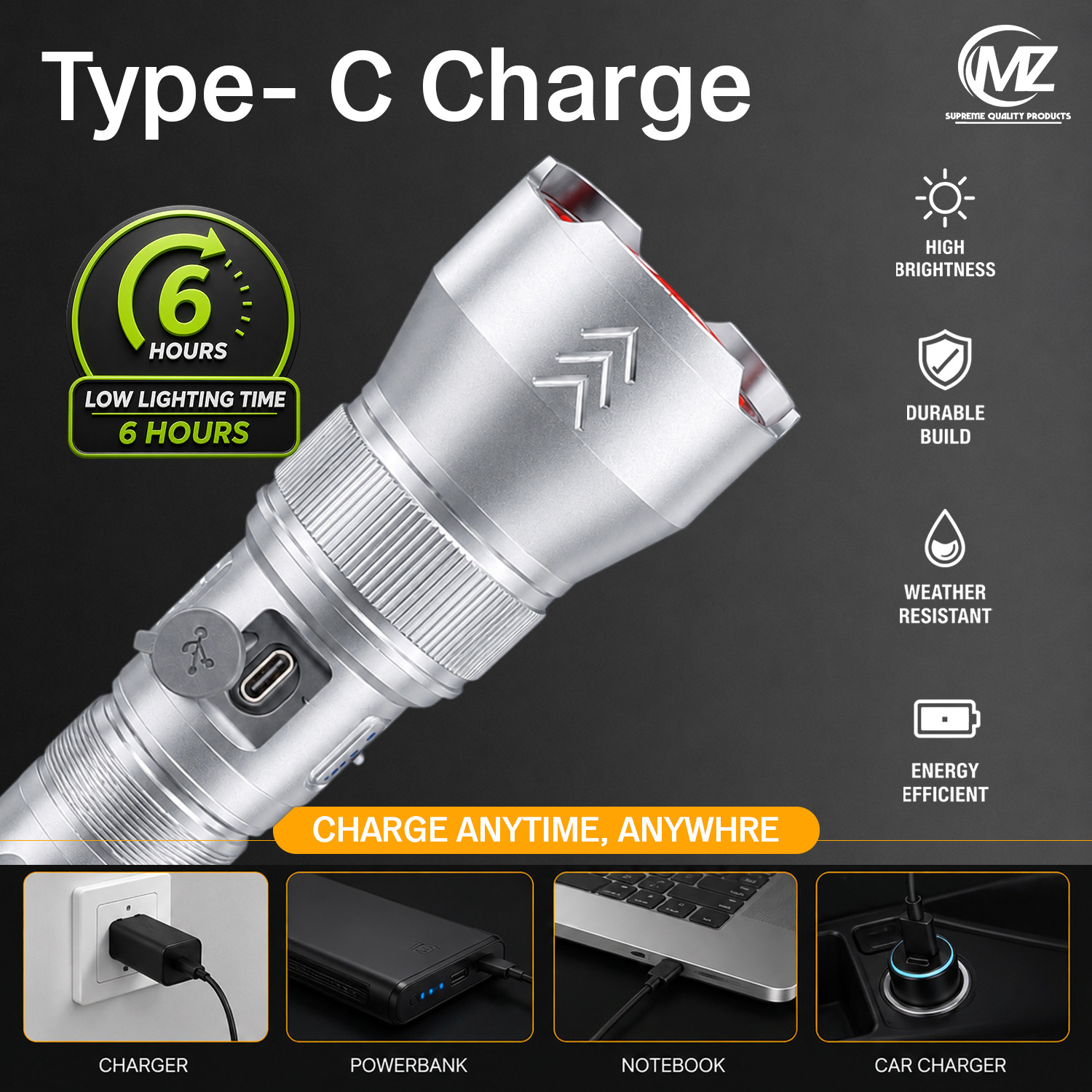 Image of MZ Super Bright Zoomable Rechargeable Metal Search Light with 4000mAh Battery 6 hrs Torch Emergency Light