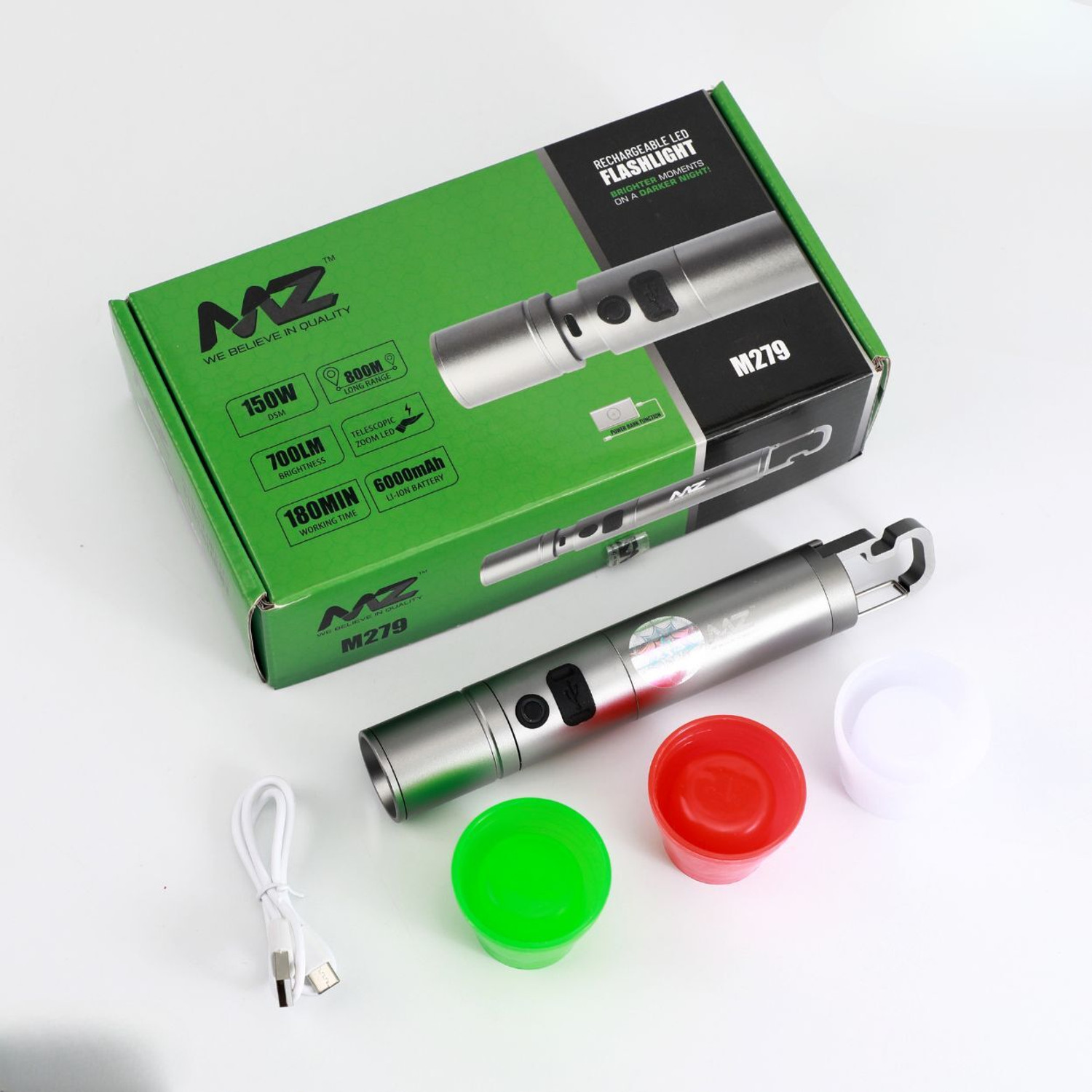 Image of MZ M279-LED RECHARGEABLE METAL TORCH-Zoomable 150W Flashlight & 6000mAh Battery Torch