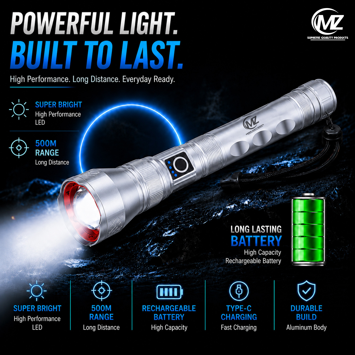 Image of MZ Super Bright Zoomable Rechargeable Metal Search Light with 4000mAh Battery 6 hrs Torch Emergency Light