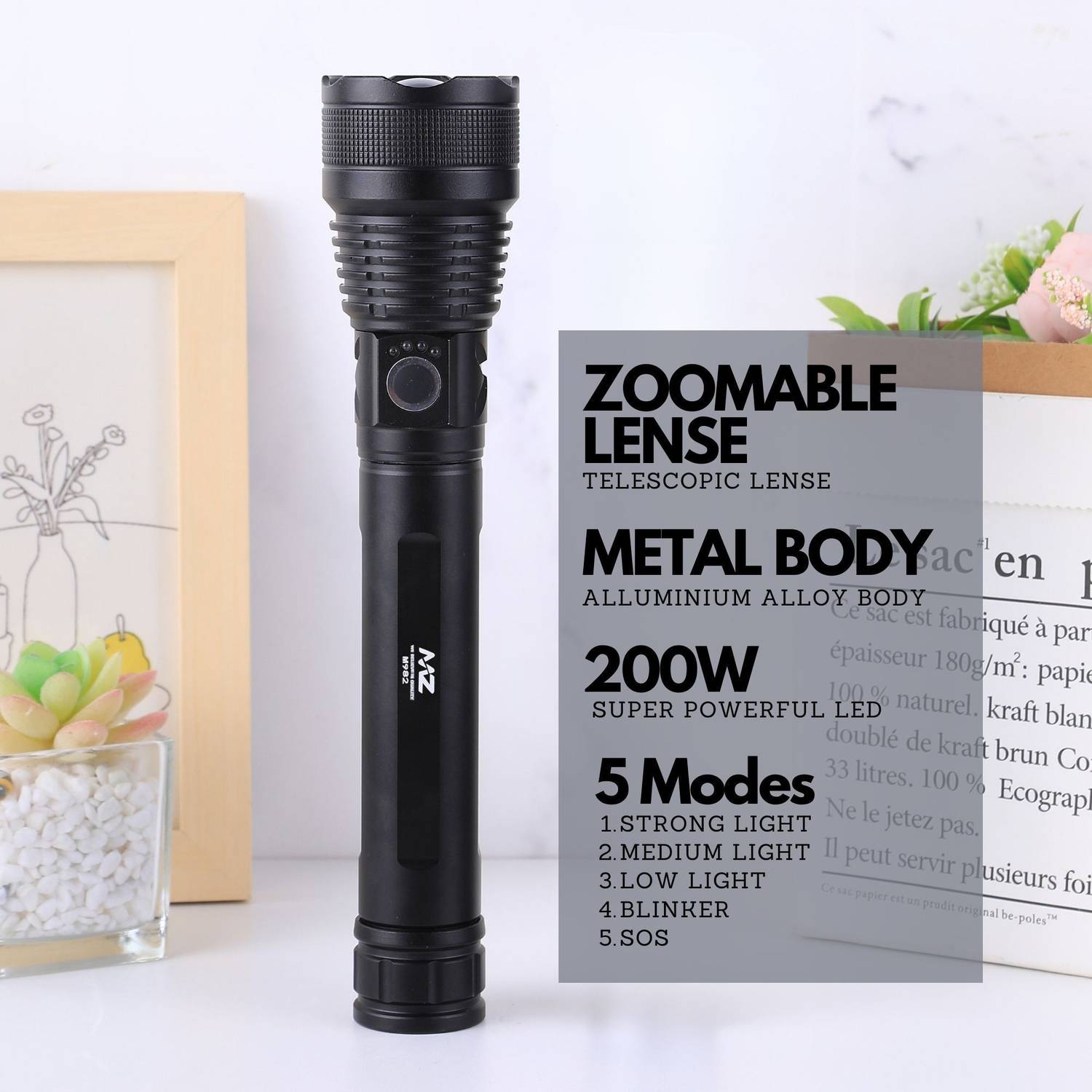 MZ M982 (ZOOMABLE METAL LED TORCH)5 Modes Flashlight, Super Bright