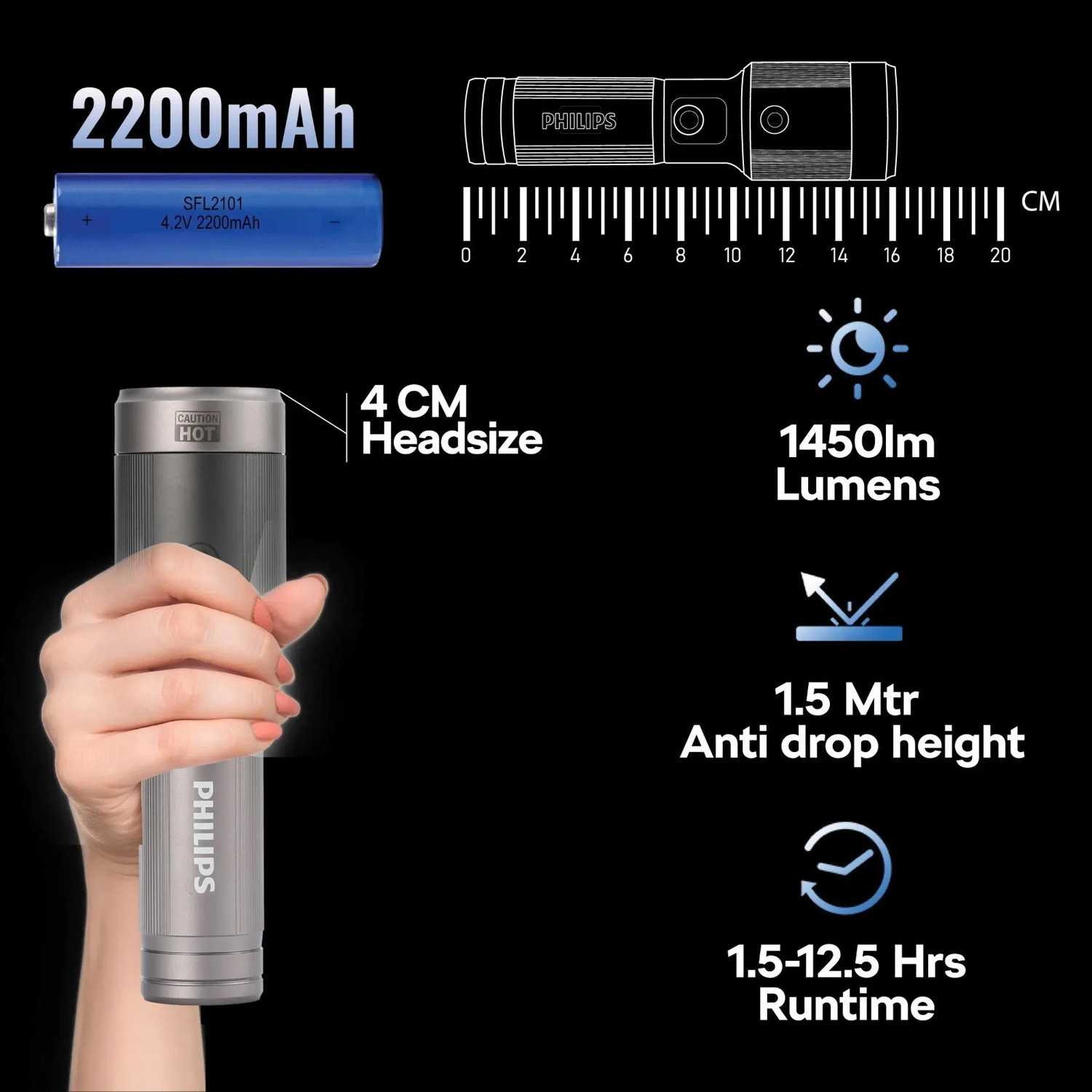 Image of PHILIPS Aircraft Aluminium Alloy, Zoom LED Flashlight - 1450 lm, 2200mAh, SFL2101 /56 Torch