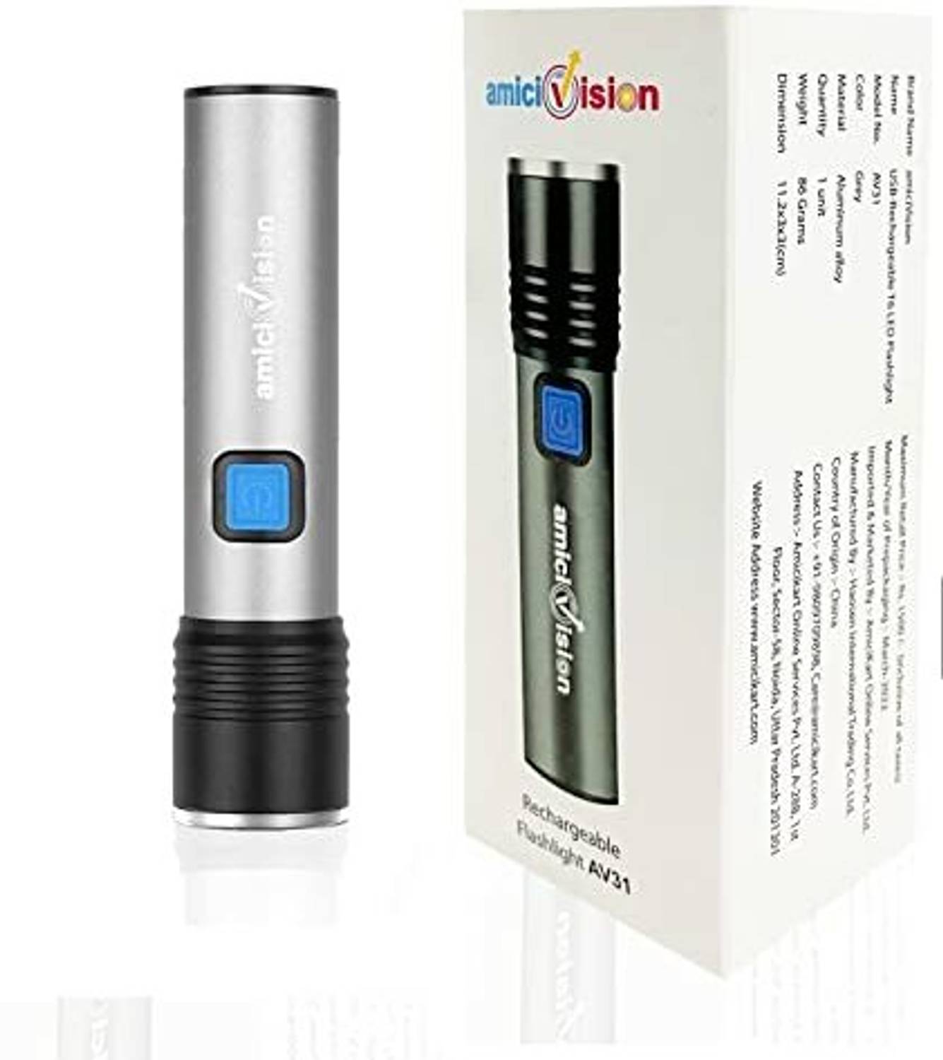 amiciVision USB-Rechargeable LED Flashlight T6 LED, 4 Modes Zoom-able Powerful Torch
