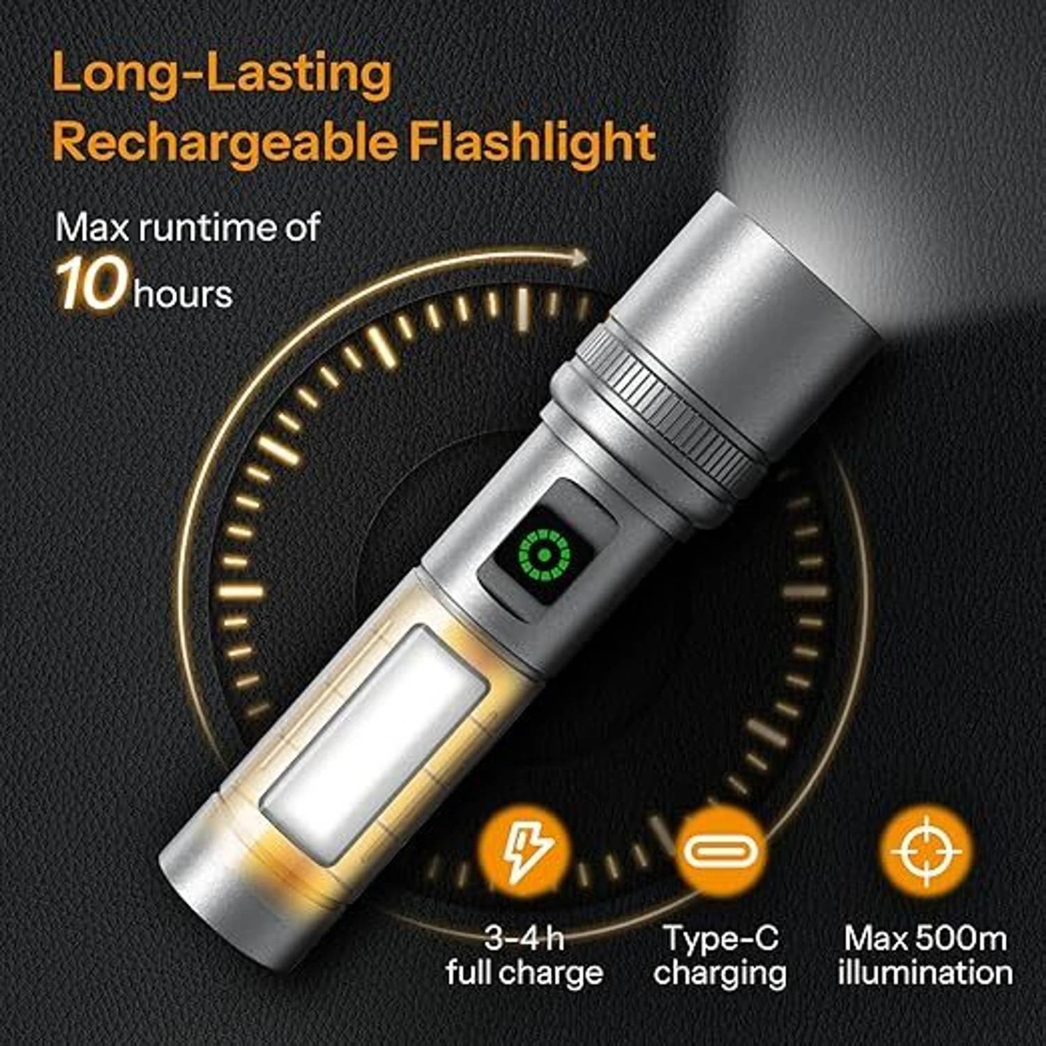 HYMASA M16 Premium Flashlight, Type-C Rechargeable, Zoomable Lens - Image 4