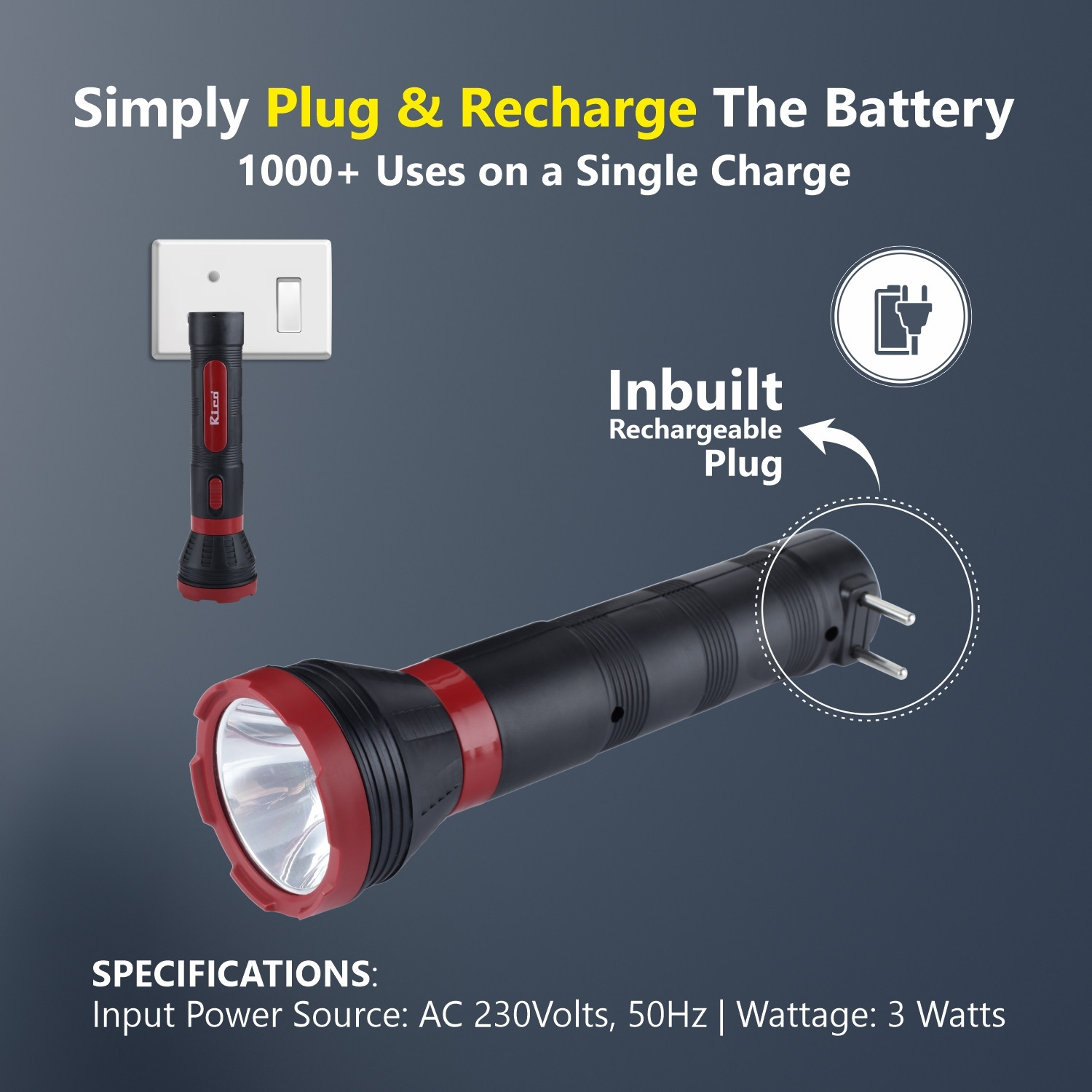 Image of Rico RT1526 Rechargeable Torch Light| Emergency Led Torch Light| Upto 2700 CM Torch