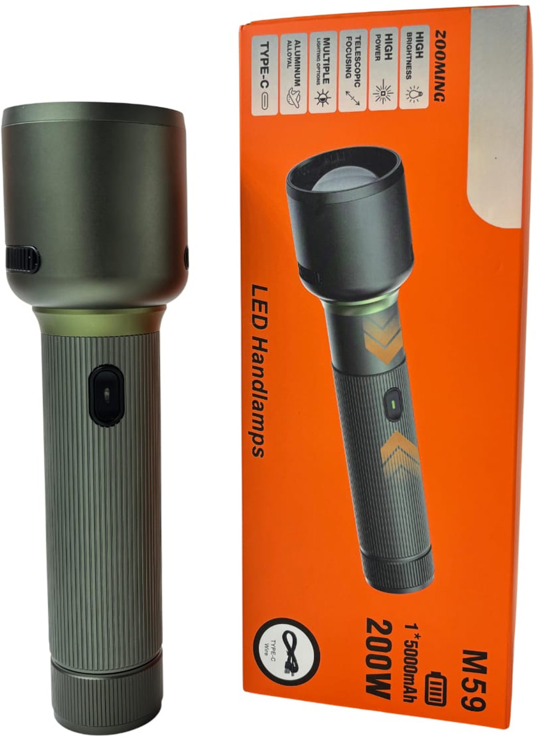 Image of PICSTAR RL-M59 Waterproof Metal LED Flashlight 200W with Adjustable Focus & Type-C Cable Torch
