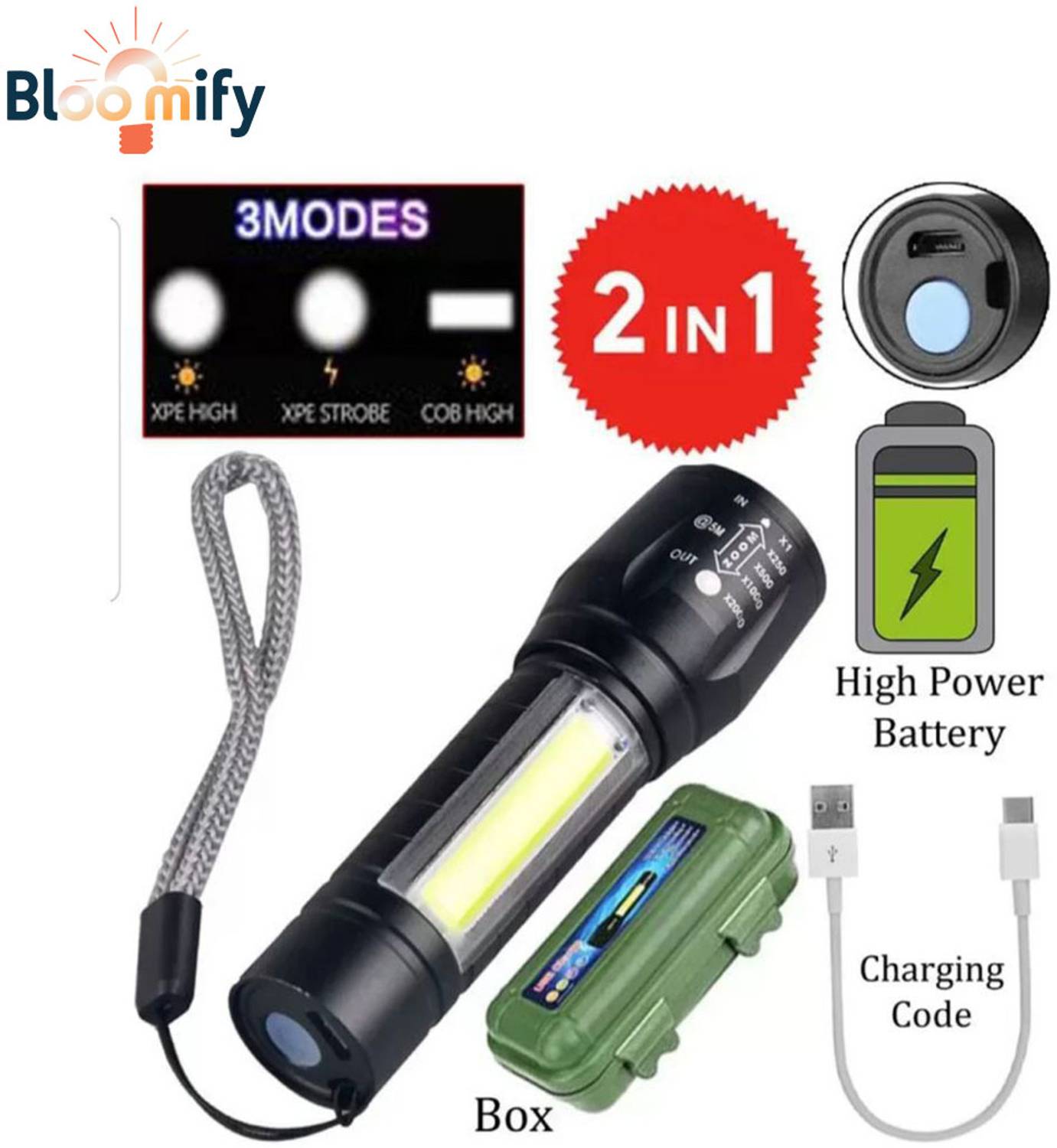 BloomiFy BMT-M2 Portable Waterproof Rechargeable Metal Torch Torch