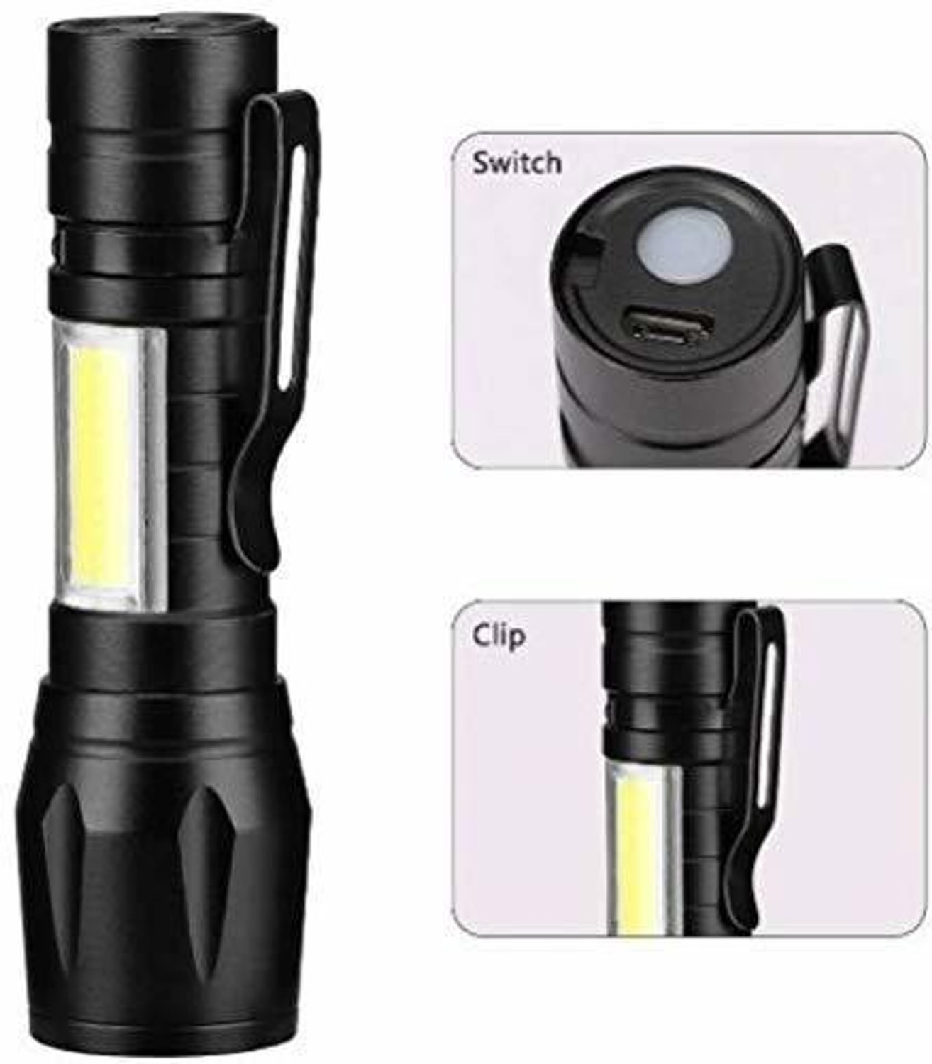 Image of HOJI LED Flashlight Mini Portable LED Flashlight USB Rechargeable 3 Modes Torch (Black, 10 cm, Rechargeable)