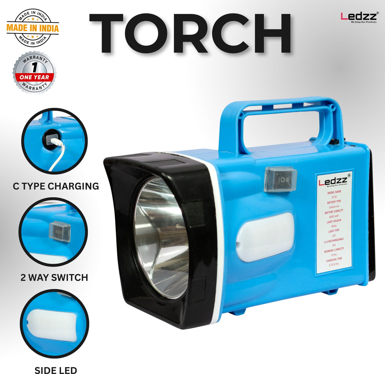 Image of LEDZZ Rechargeable LED Torch Light 50W High Power Long Range 6000mAh Battery Torch