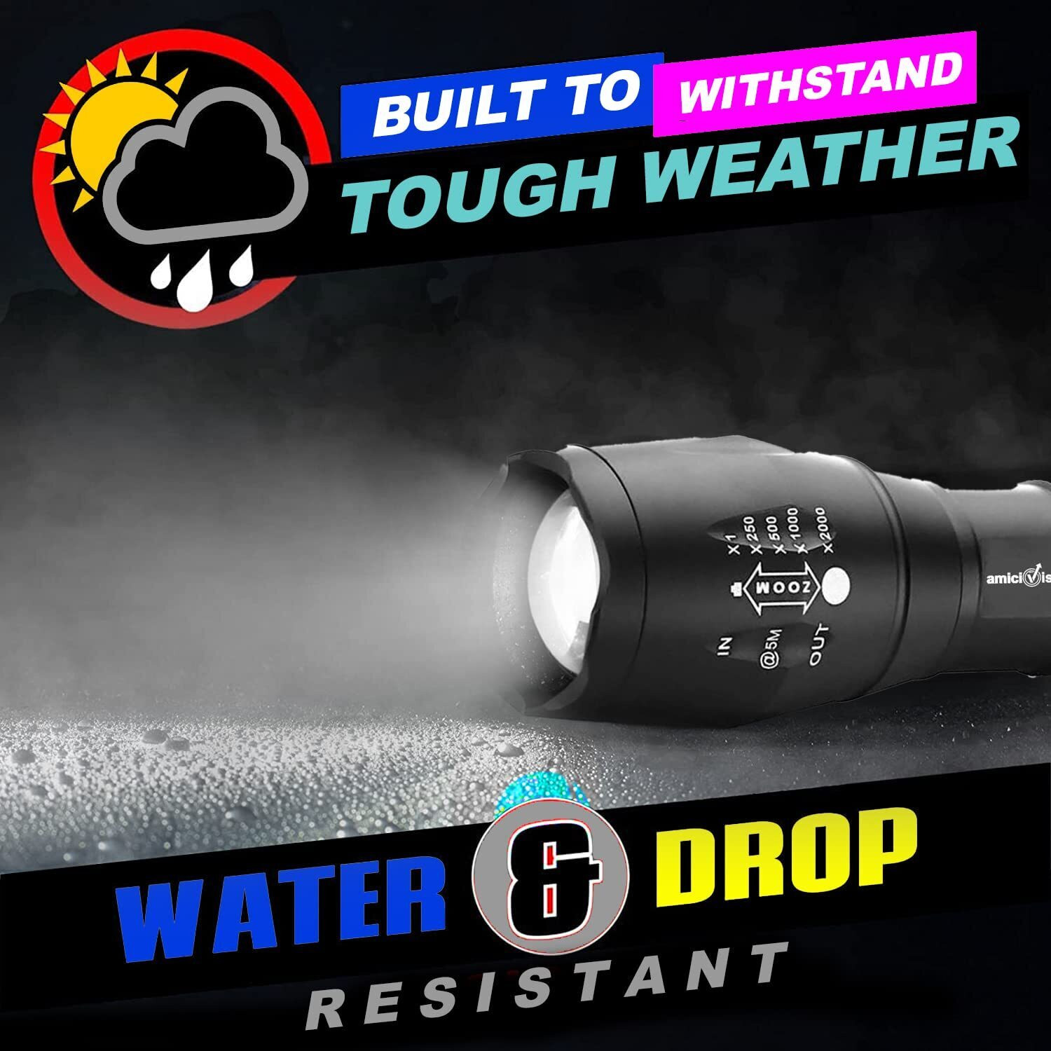 Image of amiciVision Flashlight LED Tactical Best T6 G700 Water Resistance 5 Modes Adjustable Focus Torch