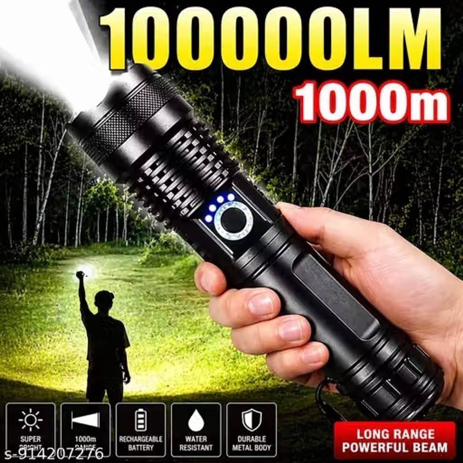 1000m Long Range LED Torch Light Rechargeable High Power Flashlight USB Charging Torch - Image 1