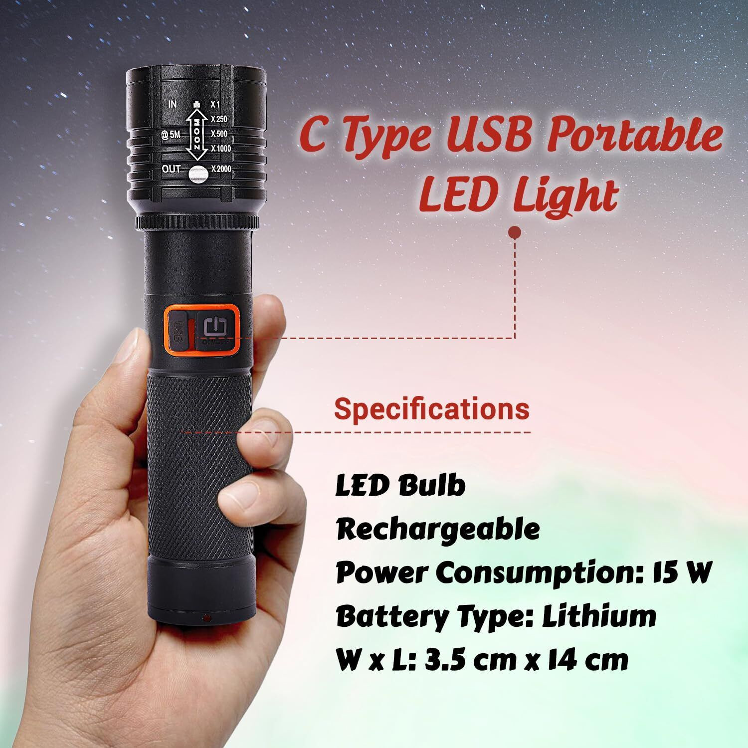 Image of iDOLESHOP Metal Body Zoomable 1000 Meter|1 Km High Power Long Range & Type-C Torch