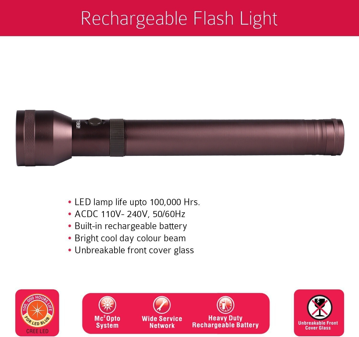 Image of iBELL IBLFL8289 Rechargeable Torch / Flashlight, Ultra Long Beam Range, Aircraft Aluminium Body, Super Bright LED Light Torch