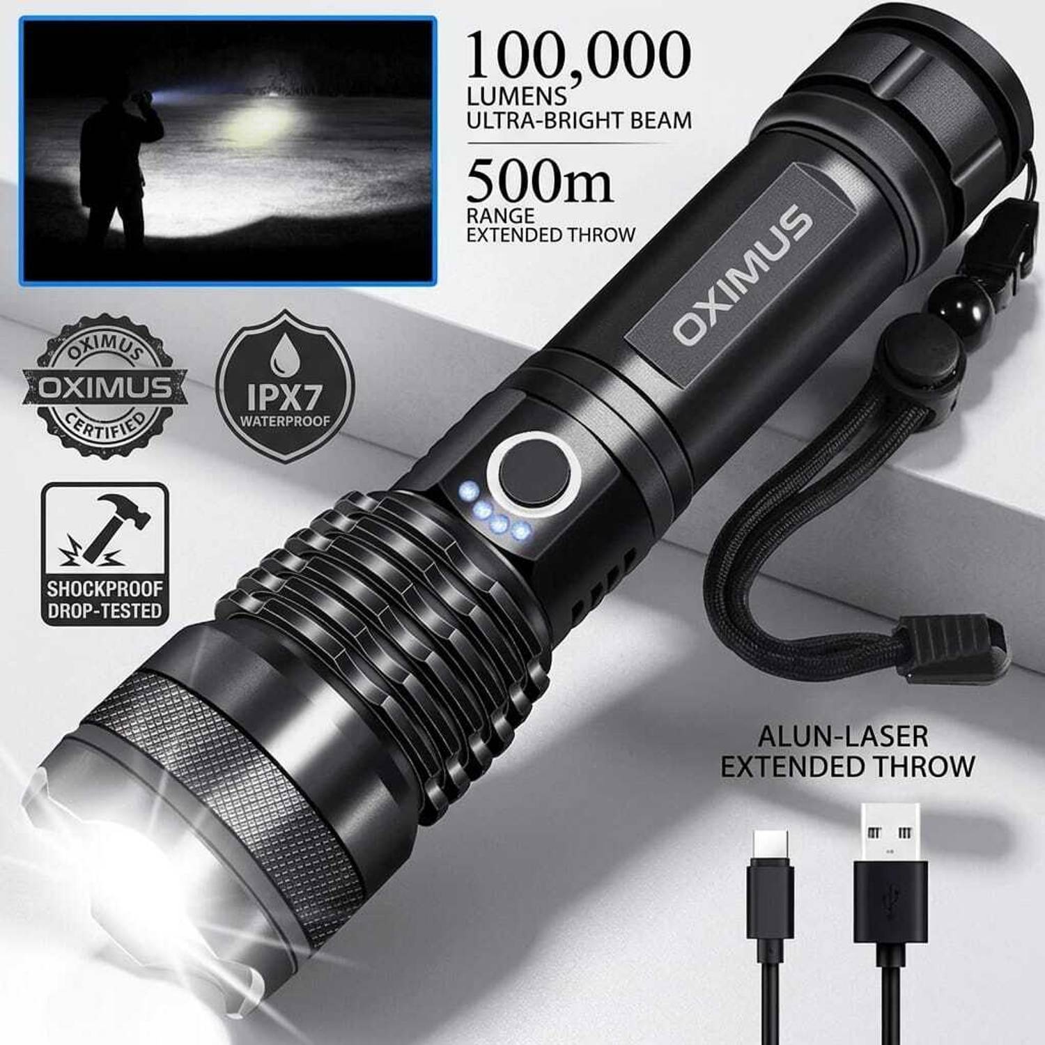 Oximus 5modes Led 99000 Lumens Flash Light Torch High Power, XHP70
