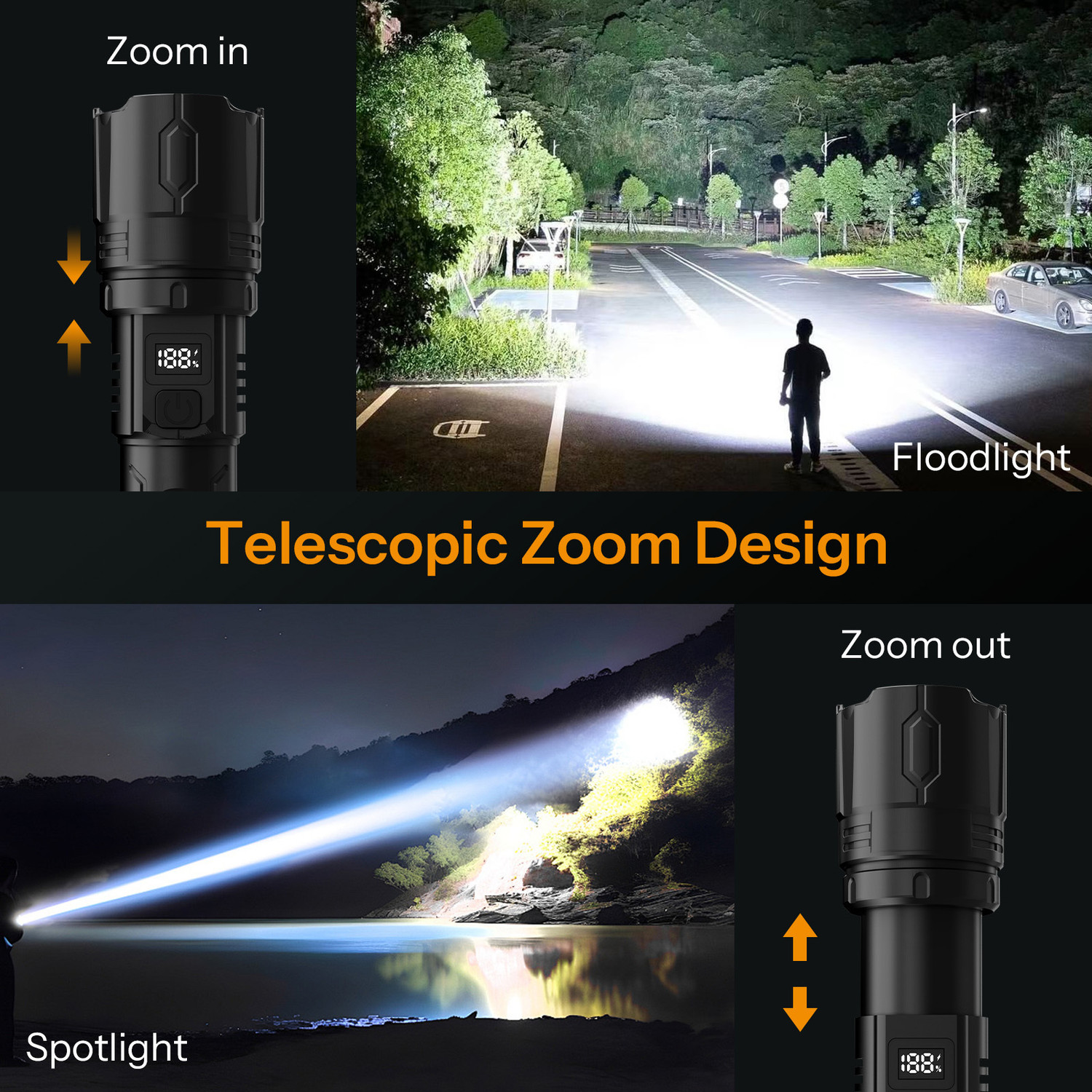 Image of UN1QUE 1800mAh LED Flashlight with 4 Light Modes & USB Output Port, Hand Light Torch