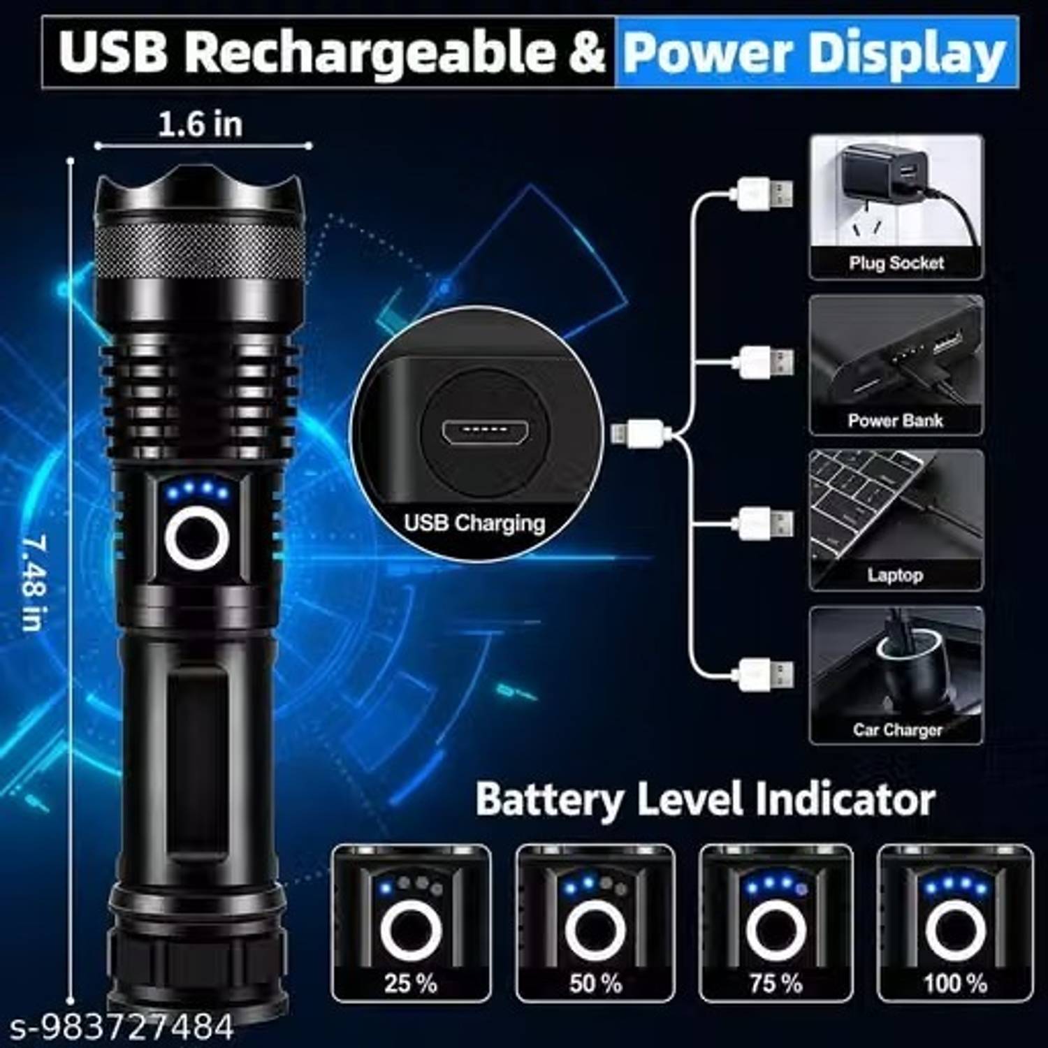 1000m Long Range LED Torch Light Rechargeable High Power Flashlight USB Charging Torch - Image 4