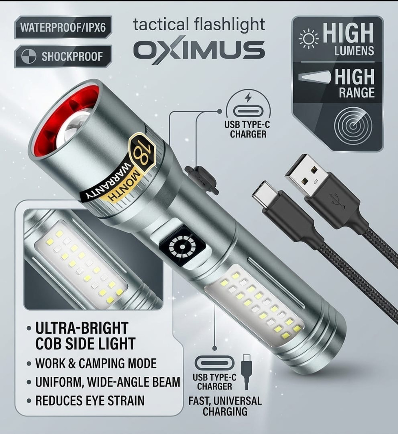 Image of Oximus Rechargeable LED Flashlight High Bright 5 Modes, medium / low / sos Modes Focus Torch