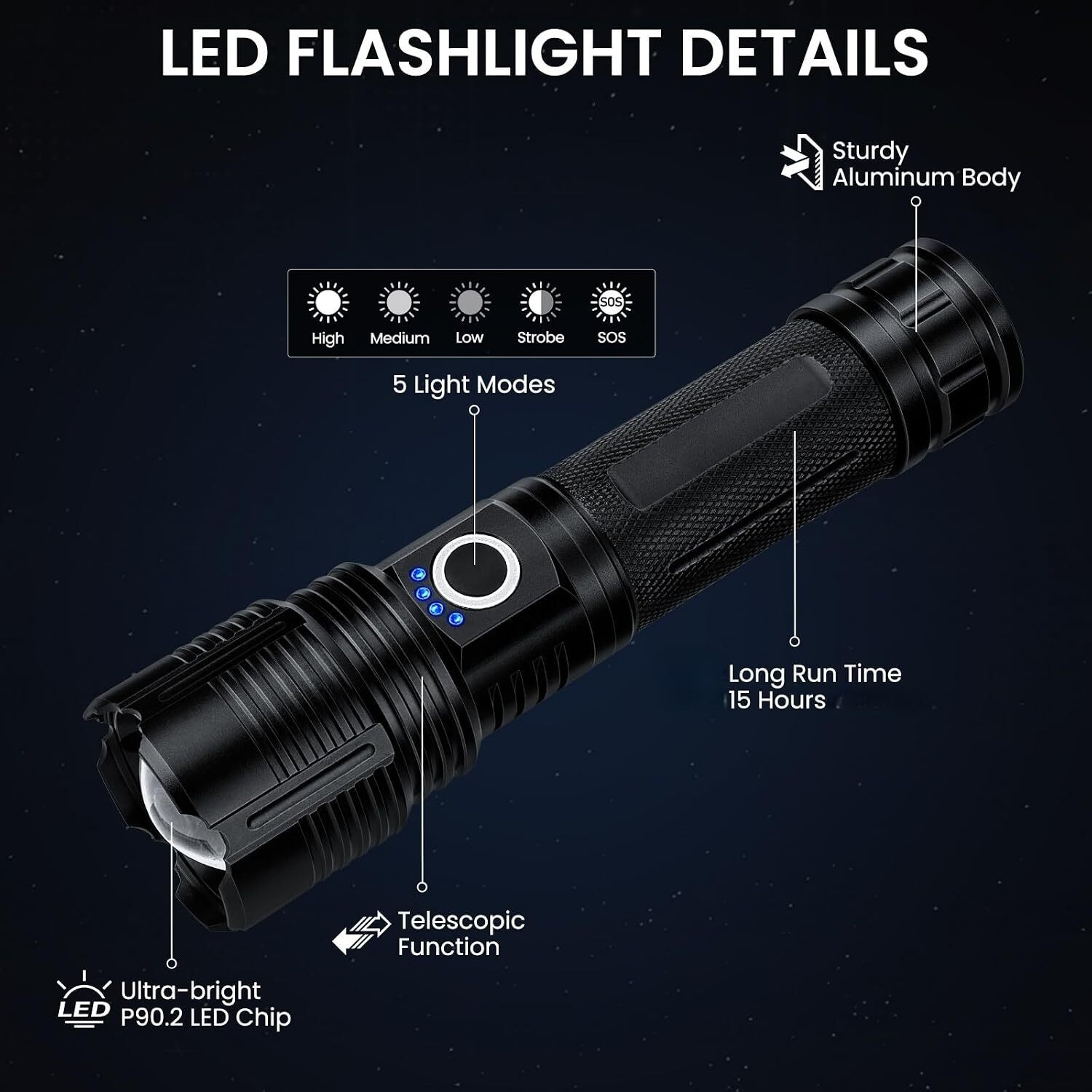 Image of CRENTILA 1km Long Range with 3 Light Modes, Adjustable Portable Powerful Torchlight Torch
