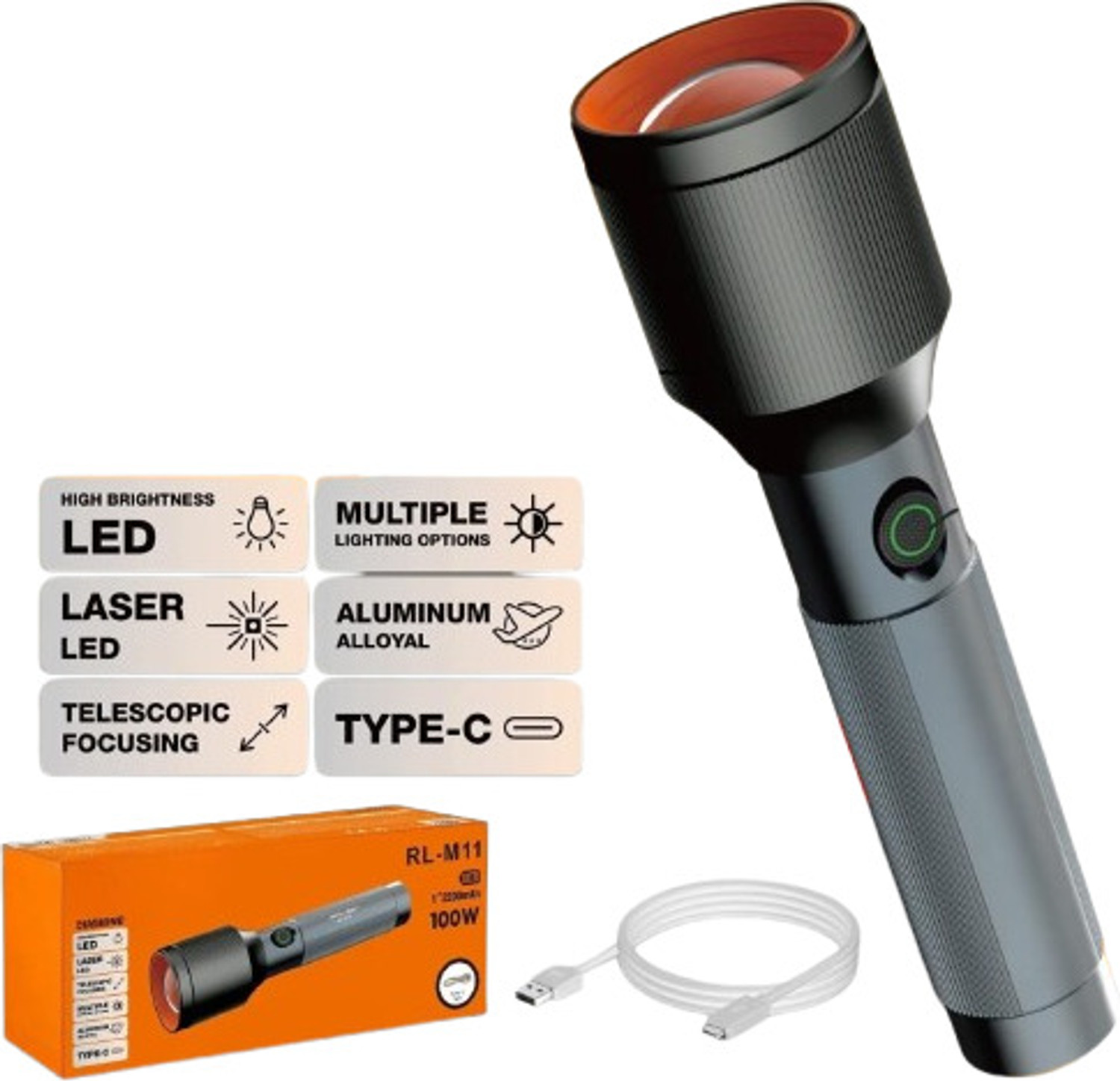 Image of Kay-Joy Powerful 100W LED Metal Torch RL-M11 - Laser LED & Type-C Charging Torch