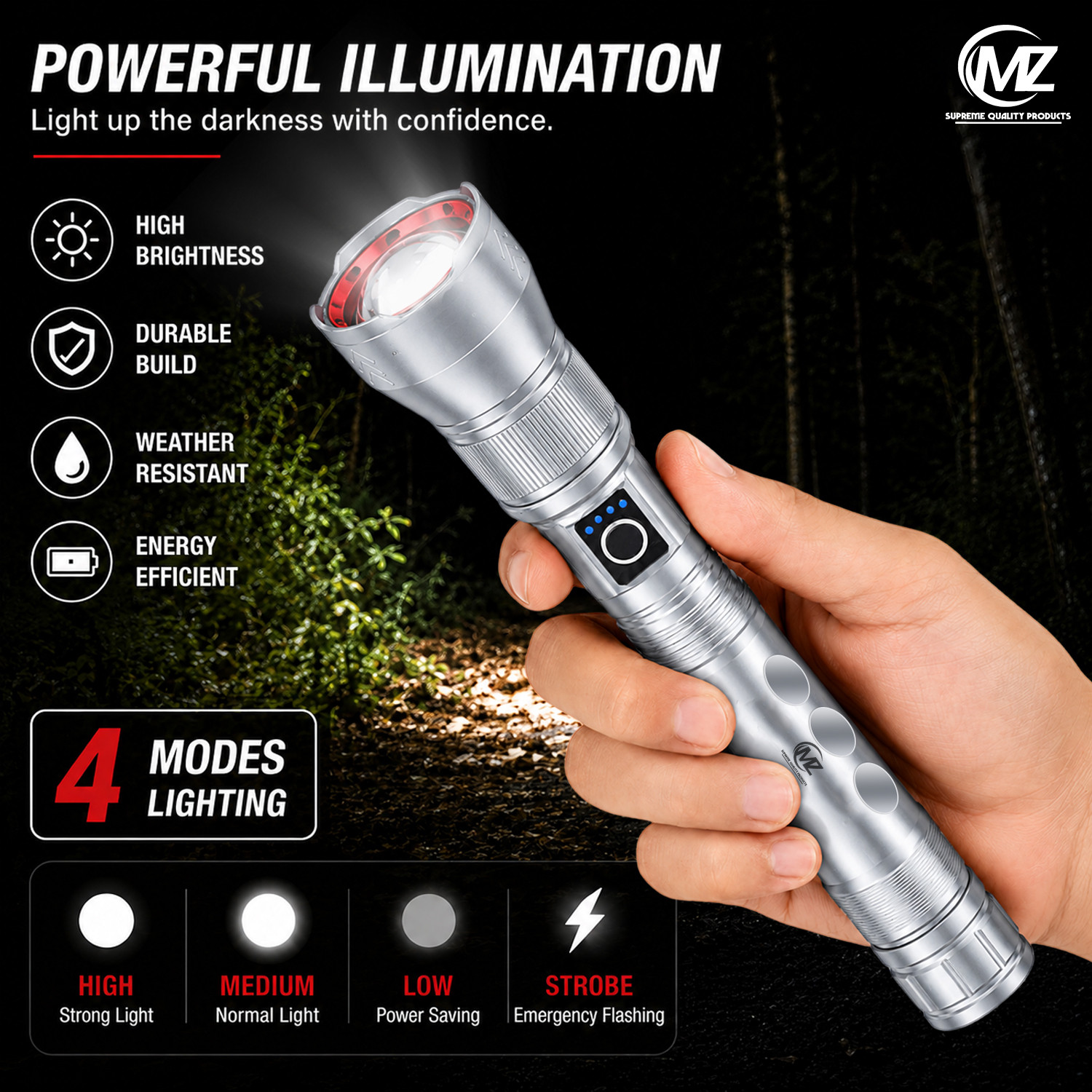 Image of MZ Super Bright Zoomable Rechargeable Metal Search Light with 4000mAh Battery 6 hrs Torch Emergency Light