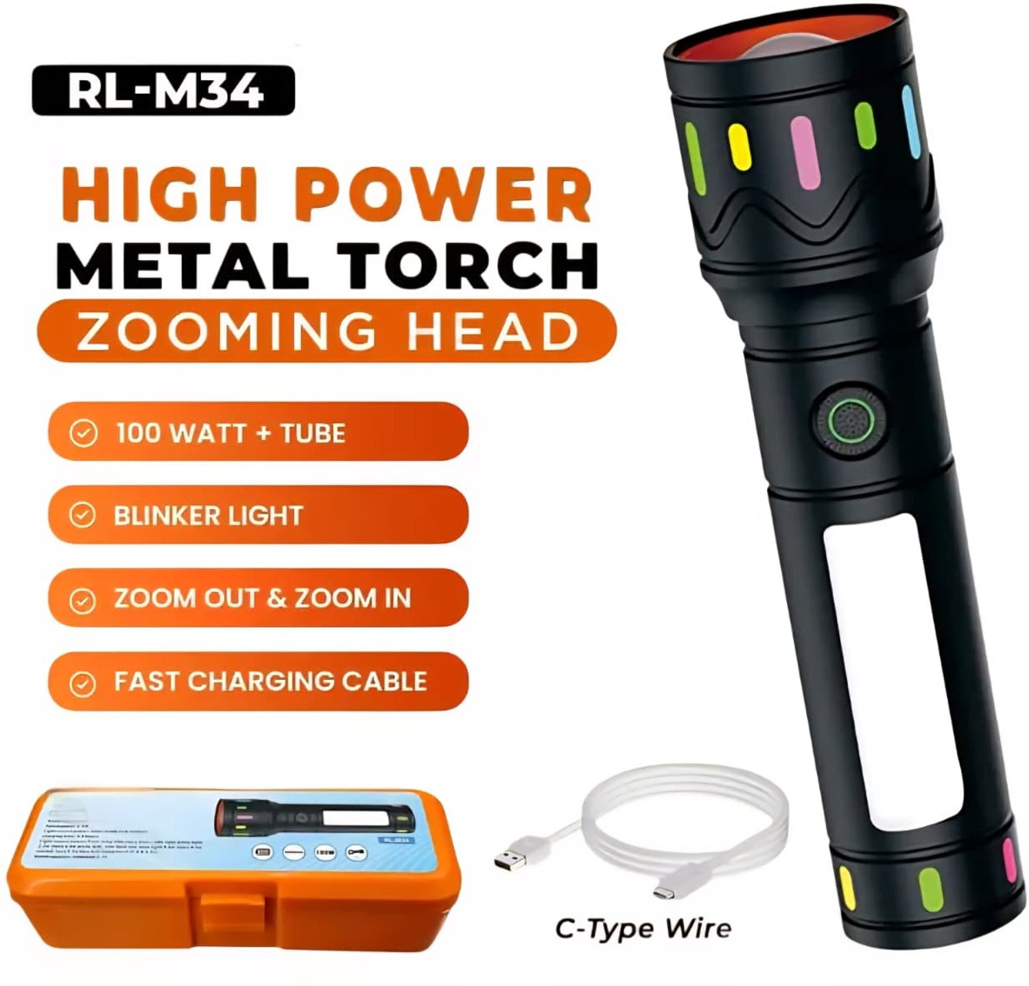 Image of Kay-Joy RL-M34 LED Torch Rechargeable Flashlight with Zoom Focus & Fast Charging Torch