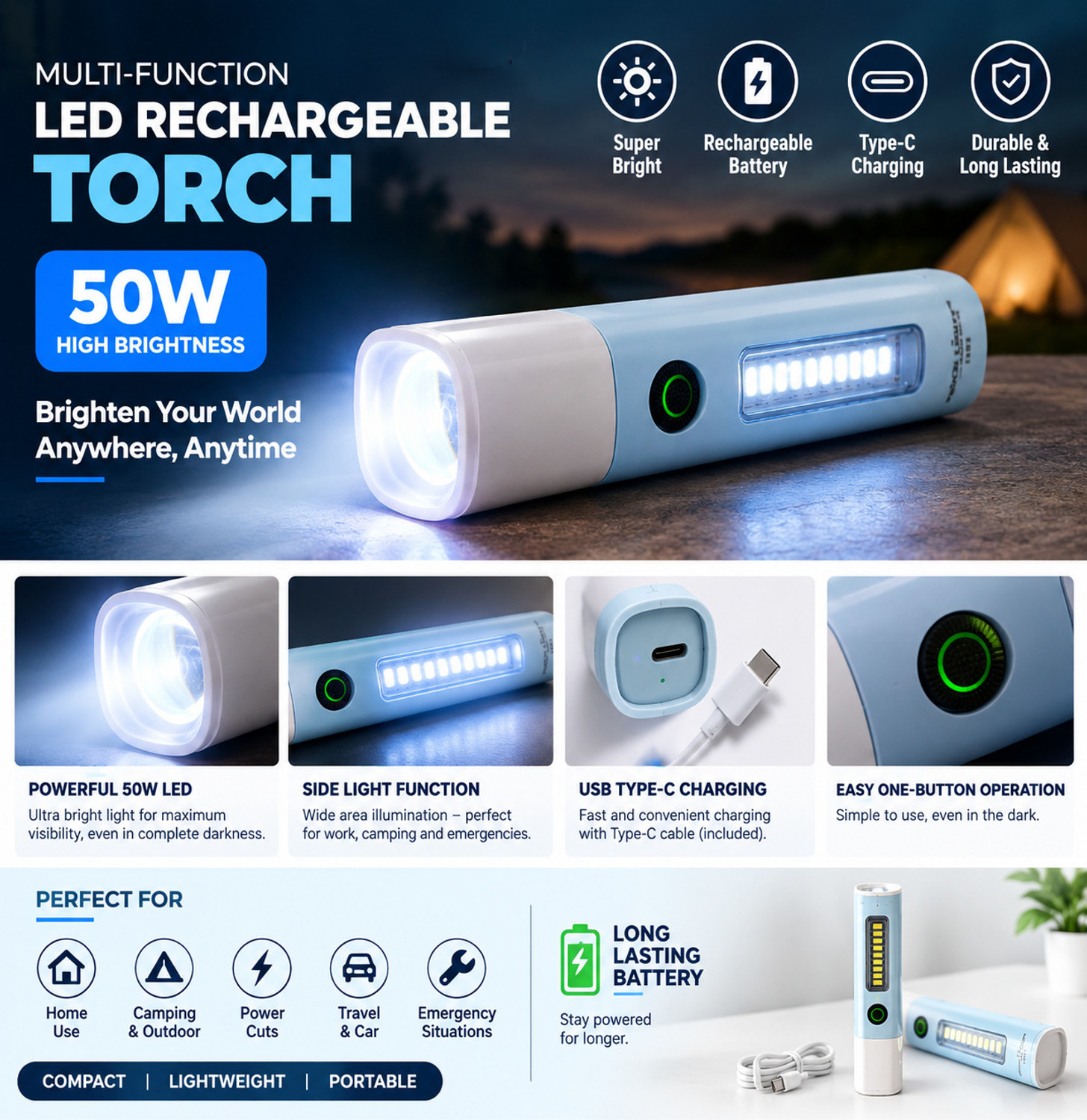 Image of GM POWER TORCH 50W Torch (White, 20 cm, Rechargeable)