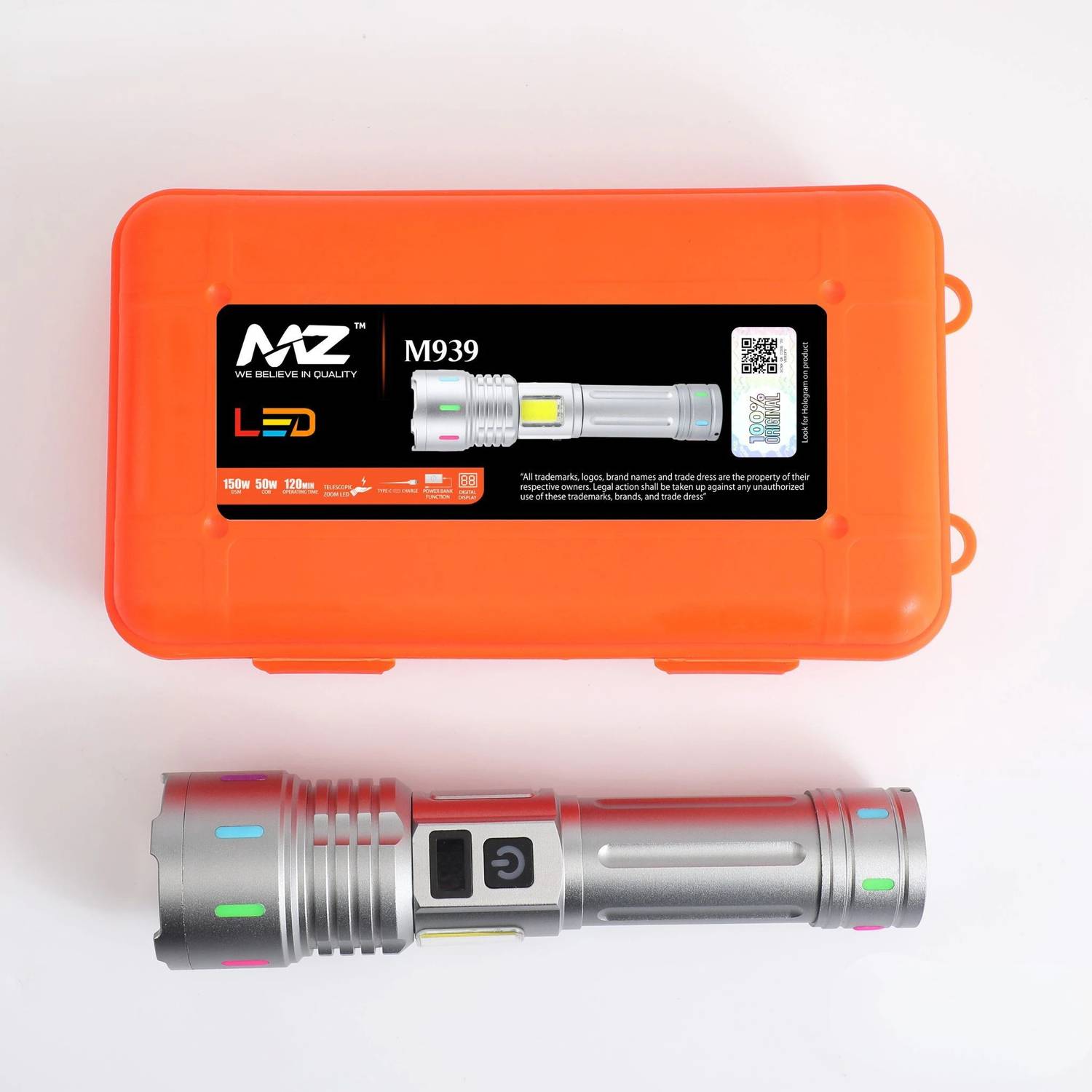 MZ M939 (RECHARGEABLE LED METAL TORCH) Zoomable 4 Modes, 150W