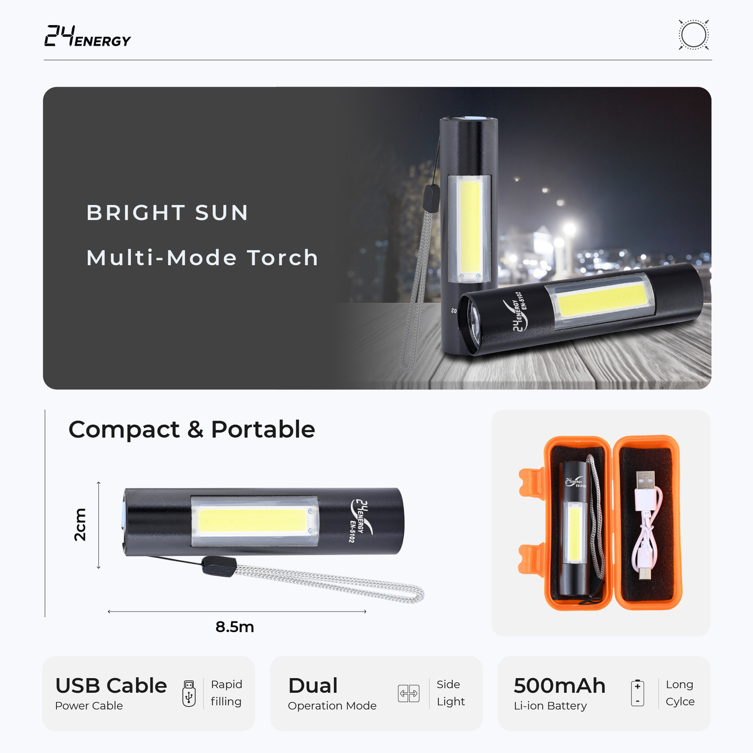Image of 24 ENERGY Zoomable LED Metal| SOS Function, 25W Laser COB Torch