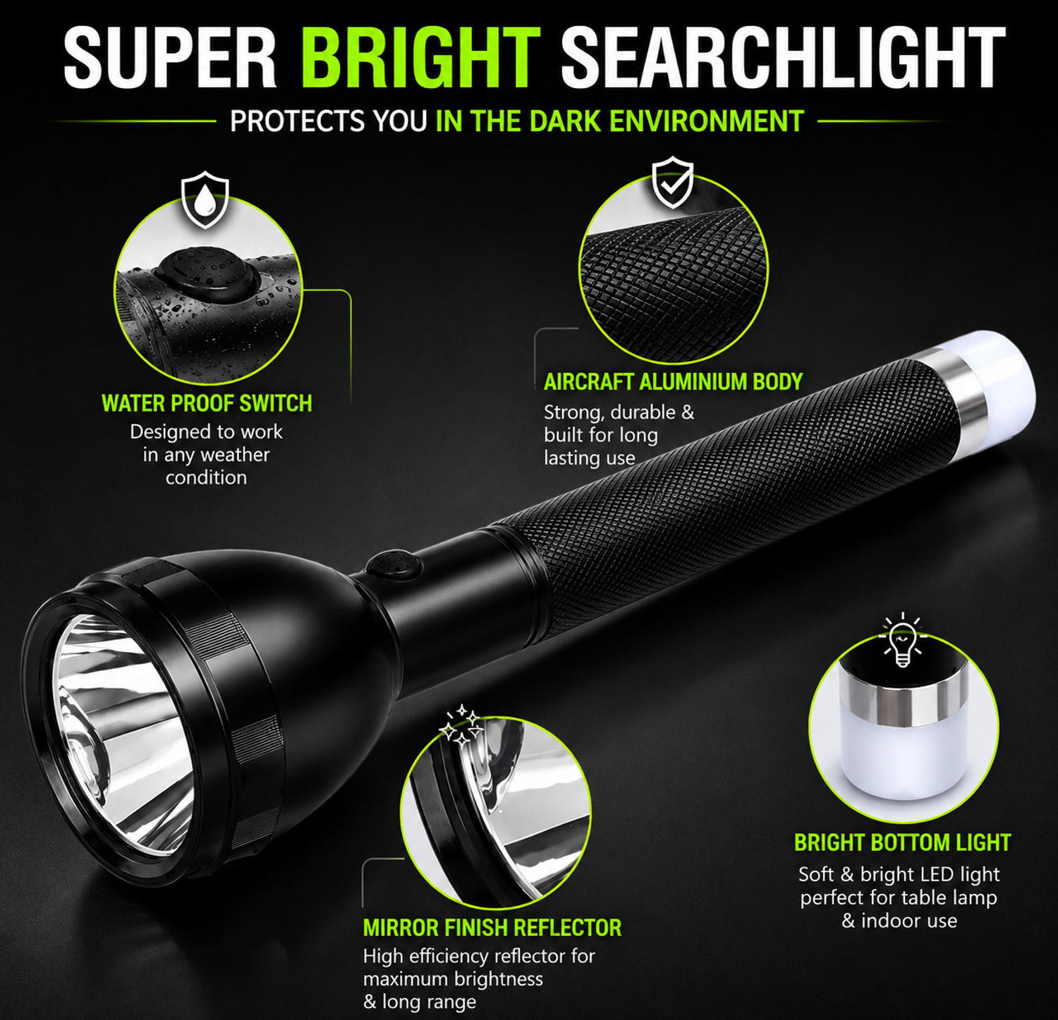 Image of CRENTILA 9050 Premium Rechargeable Torch Light High Brightness LED Searchlight with Lamp Torch