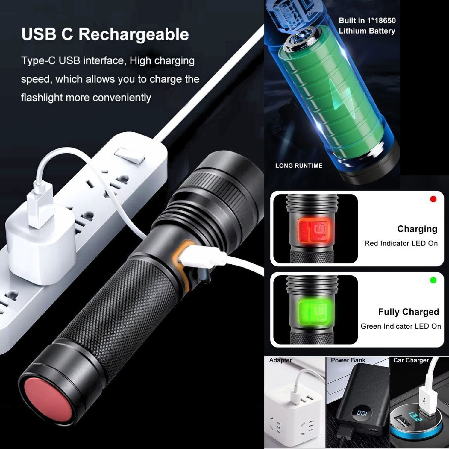 Image of WOZIT Metal Body, Telescopic Zoom, 3 Audjustable Modes, Lesar Flashlight Strong Beam Torch