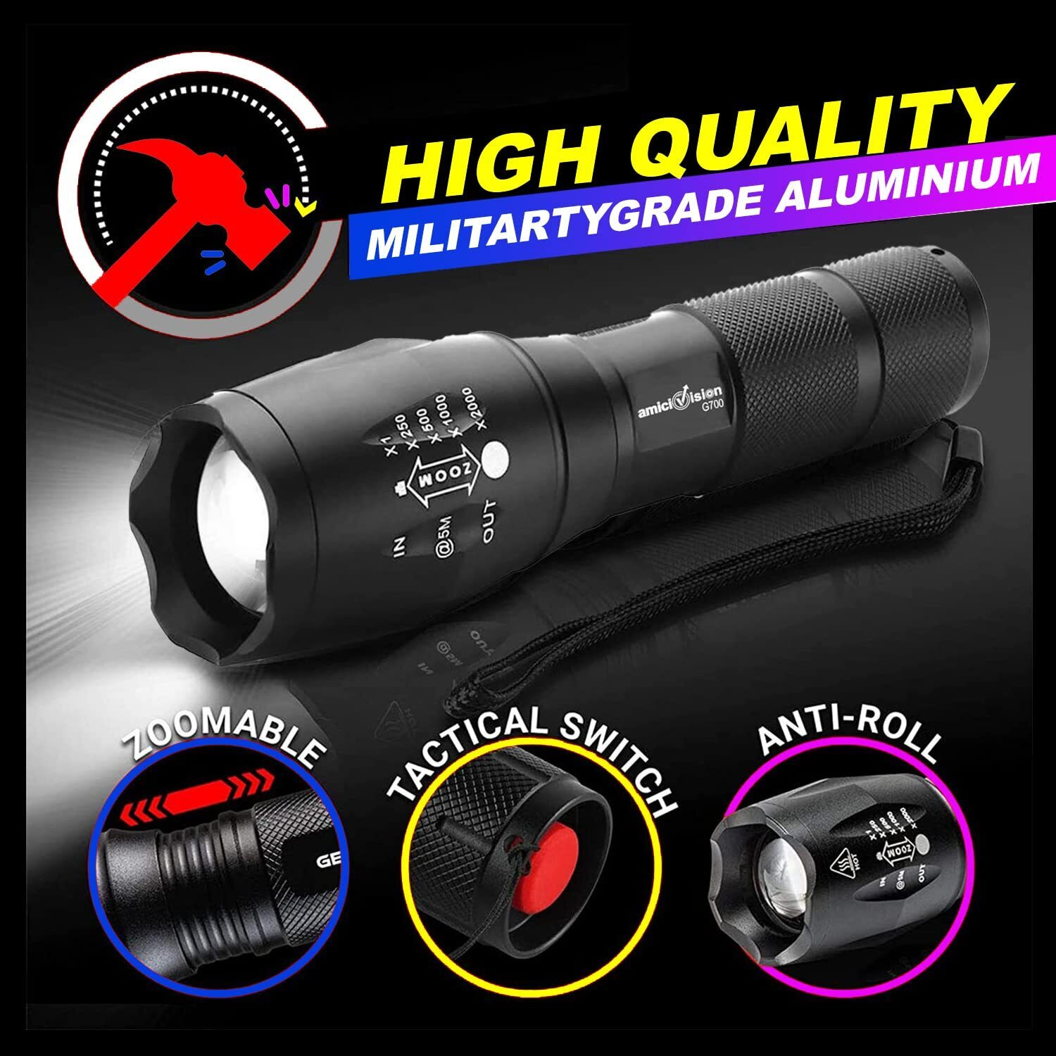 Image of amiciVision Flashlight LED Tactical Best T6 G700 Water Resistance 5 Modes Adjustable Focus Torch