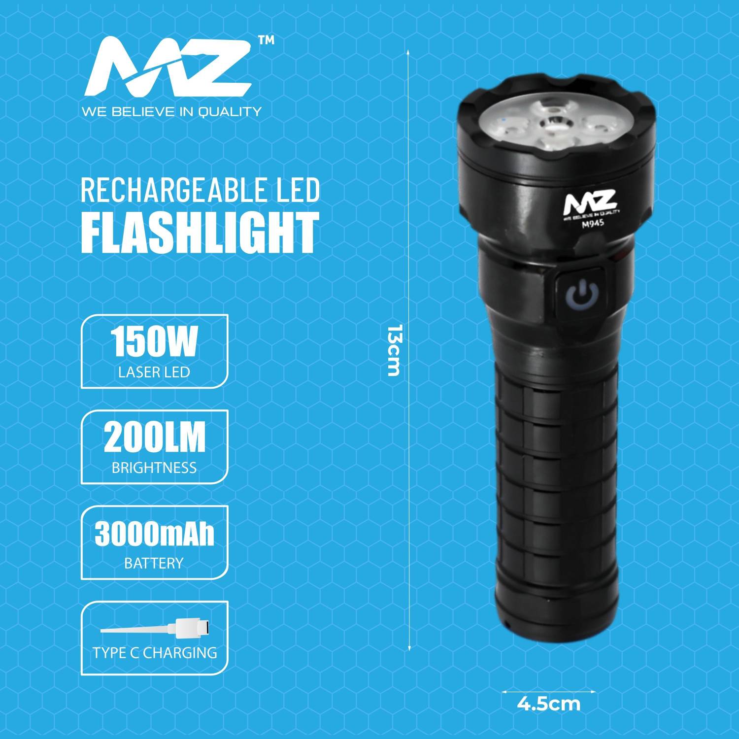 MZ M945 (RECHARGEABLE METAL TORCH) 4 Modes Flashlight, Super