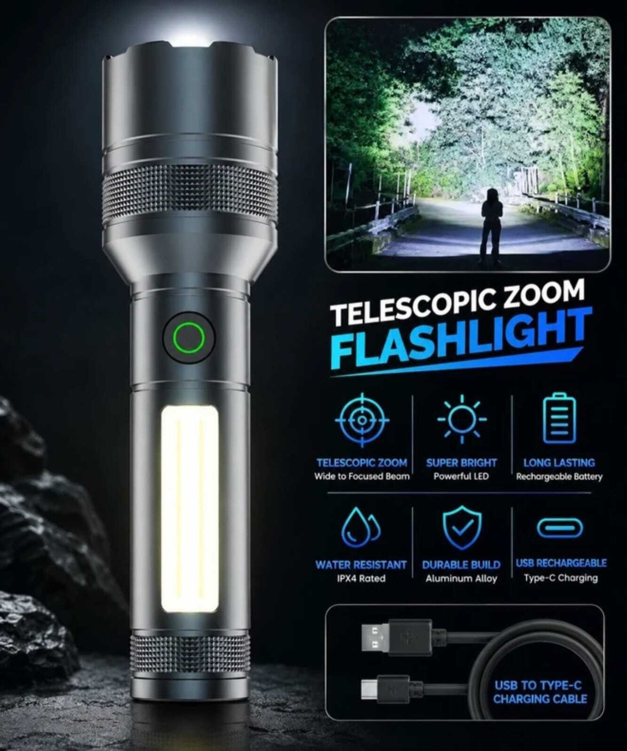Image of Oximus Pro Tactical Flashlight | 10000 Lumens with Zoom & Dual Blinker LED USB Type-C Torch (Silver, 15 cm, Rechargeable)