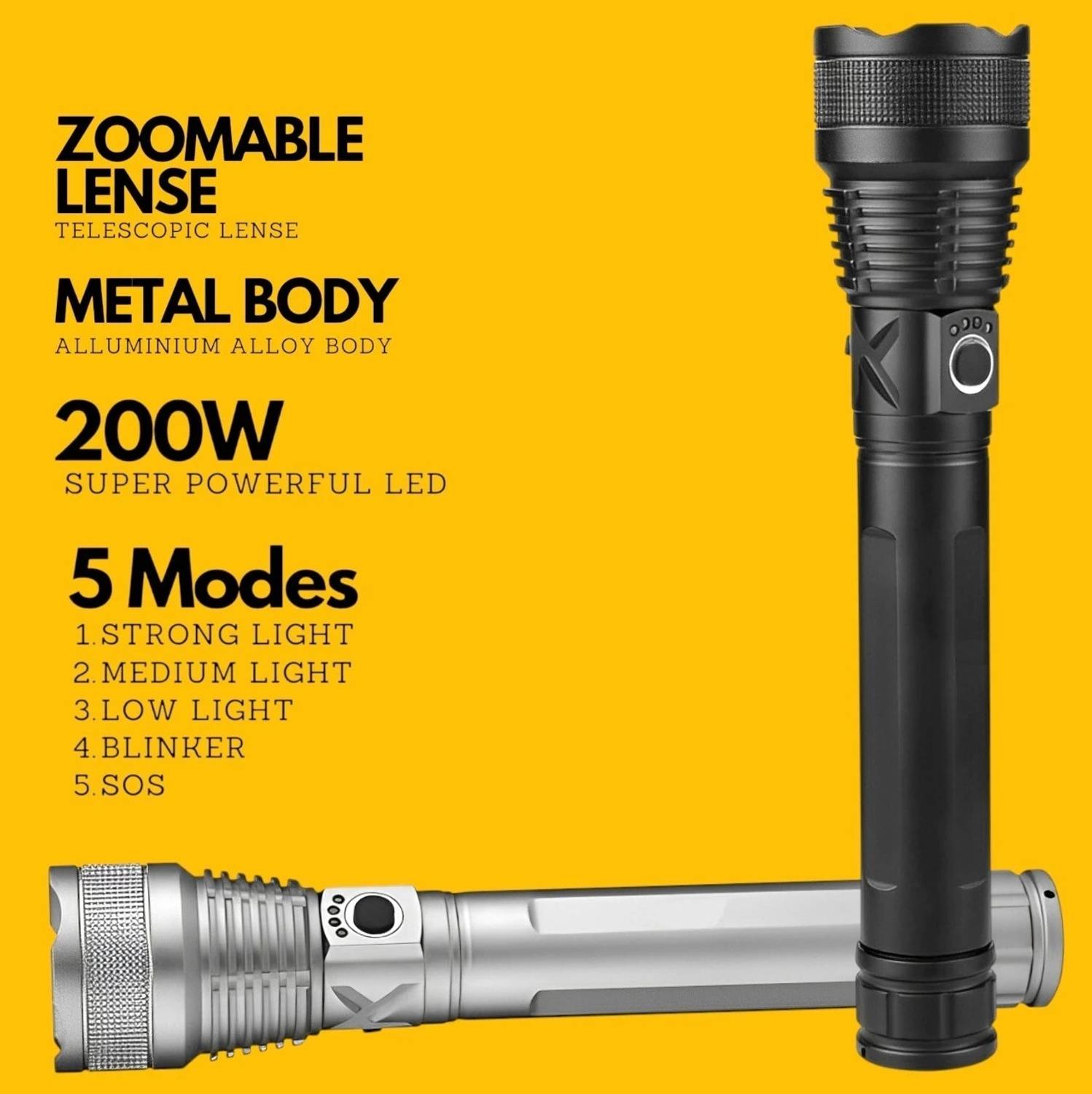Ziddjeet X466 (ZOOMABLE METAL LED TORCH)5 Modes Flashlight, Super