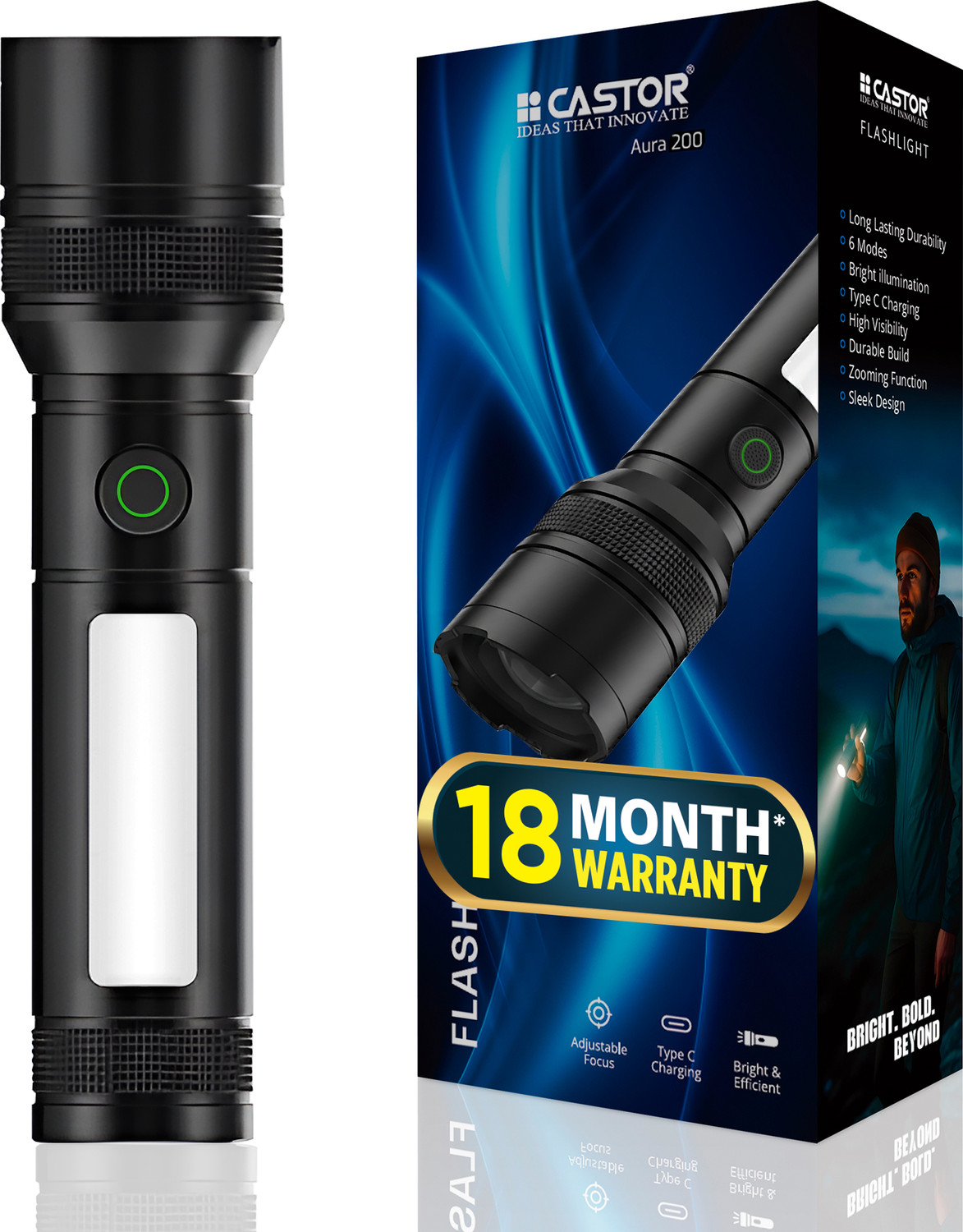 Image of iBELL Castor AURA200 Rechargeable Torch Light ,6 Light Mode,Telescopic Zoom, LED Torch