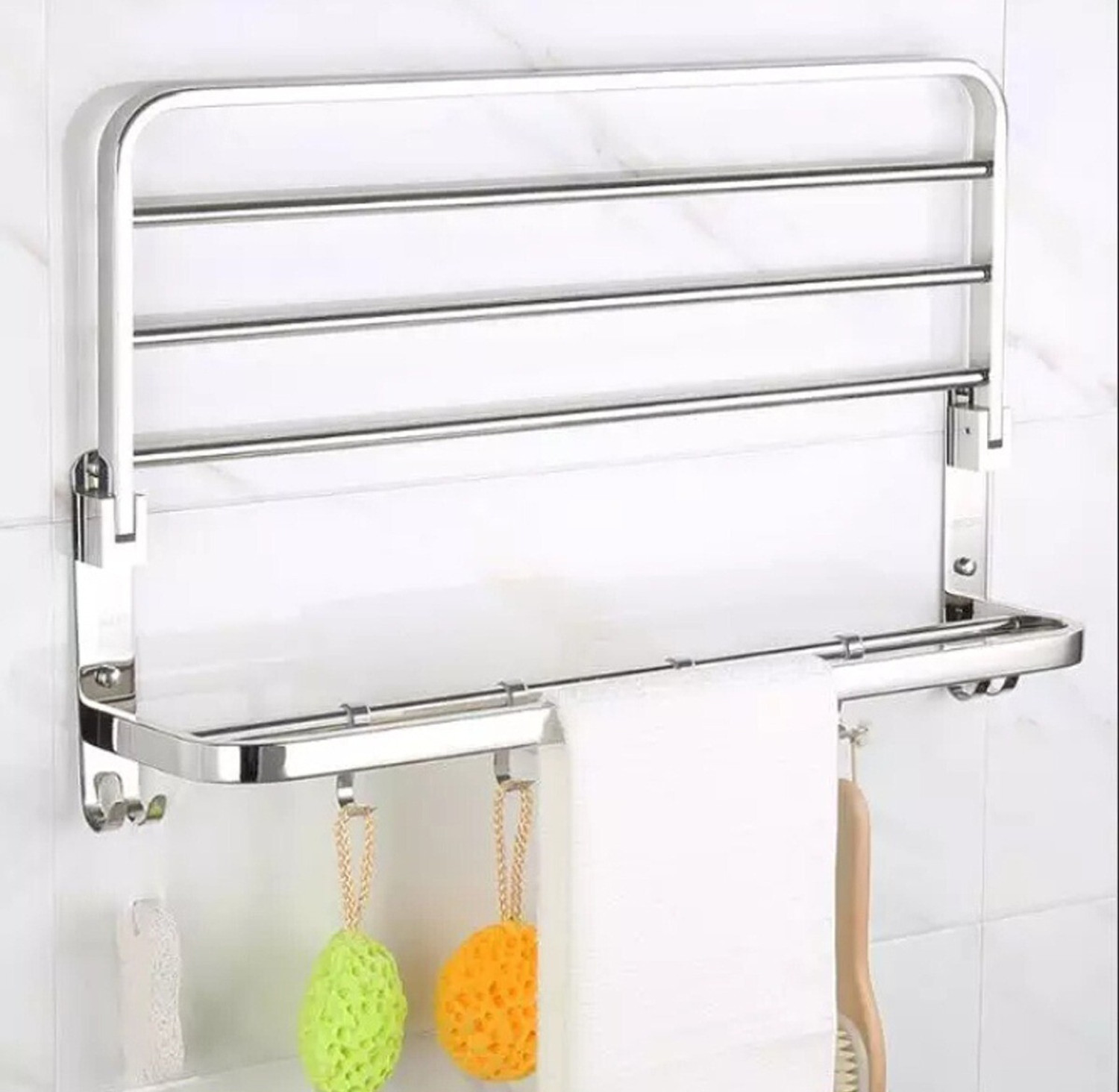 Image of SteelHaven 304 Grade 24 inch Dual Folding Towel Rack /stand for Bathroom /Bathroom Accessories Silver Towel Holder