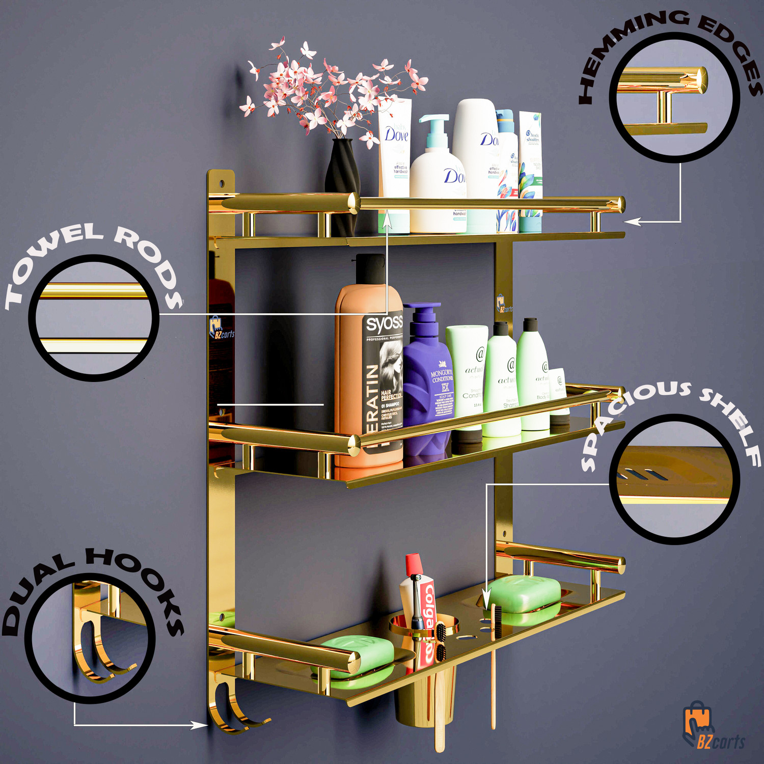 Image of Bzcarts by Bzcarts S.S. 304 Gold Bathroom Stand | Bathroom Hanger | Bathroom Accessories Gold Towel Holder