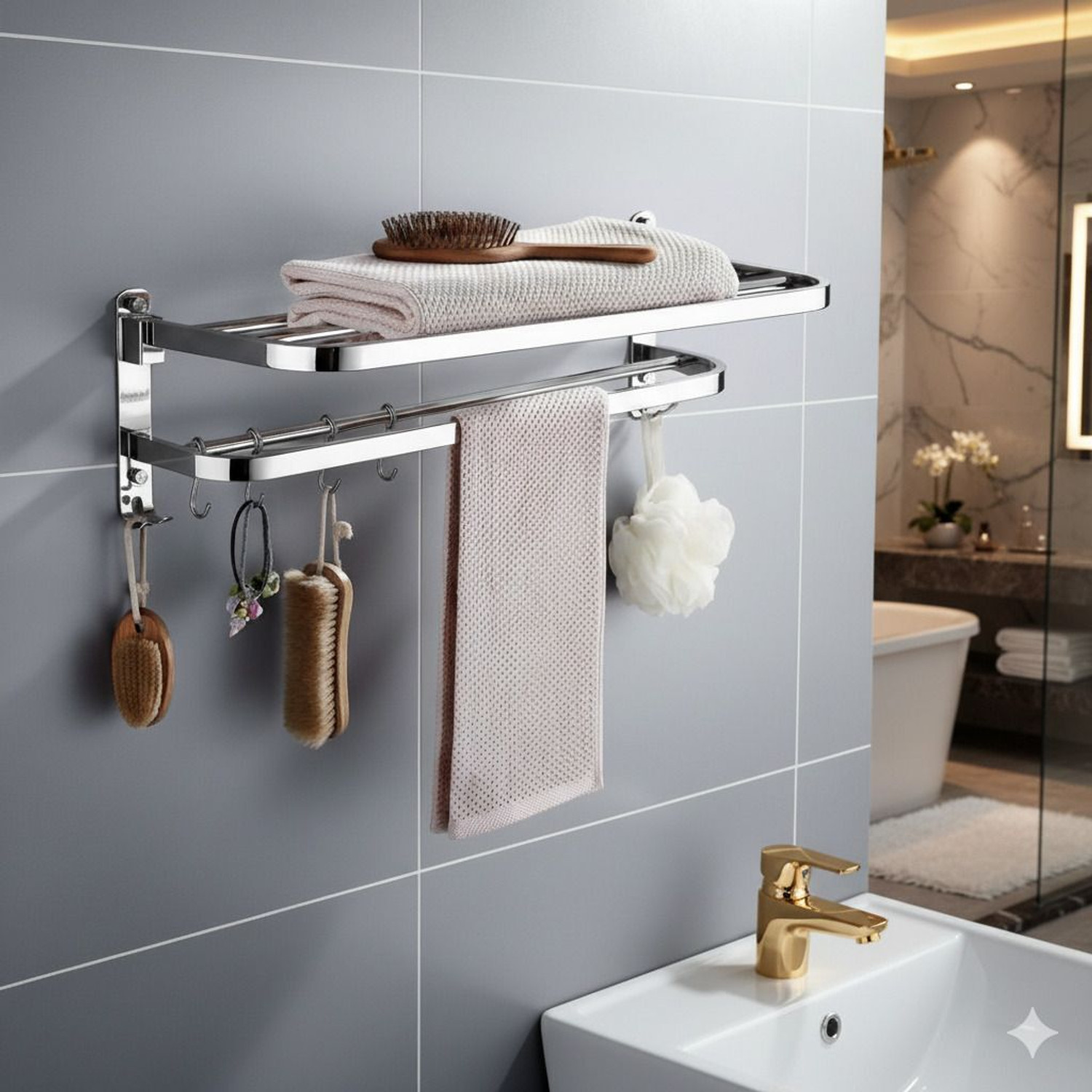 Image of pizmo by PIZMO High Grade Stainless Steel Folding Towel Rack For Bathroom /Hanger SILVER Towel Holder