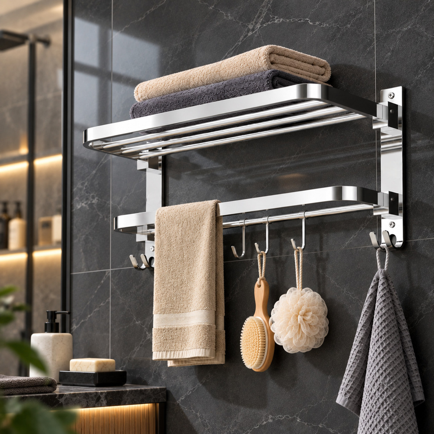 Image of GRIVAN Foldable SS304 Bathroom Towel Hanger with Top Storage Shelf and Hooks | Silver Towel Holder (Stainless Steel)