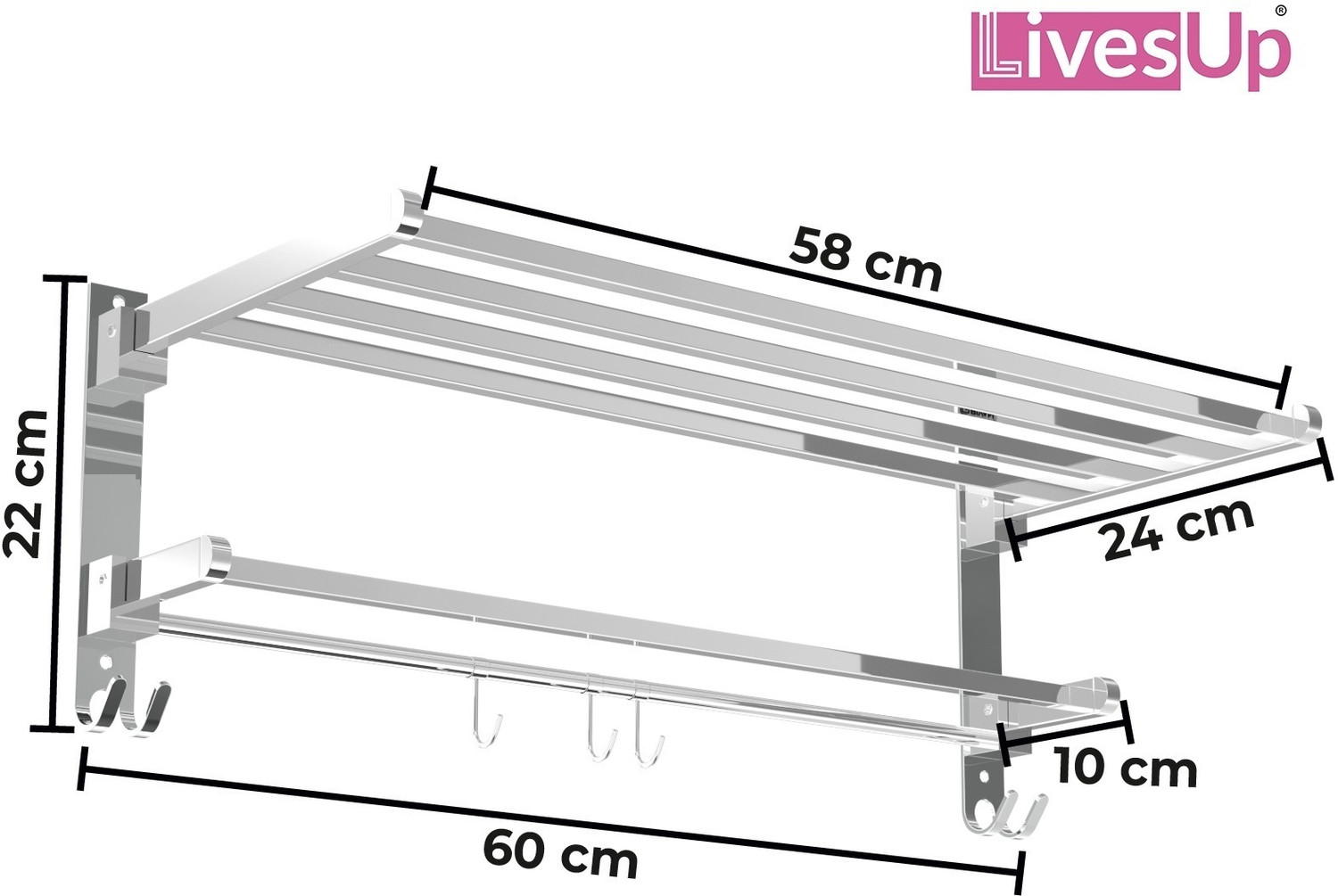 Image of LivesUp Folding Rack for /Stand /Hanger /Bathroom Accessories 24 inch 2 Bar Towel Rod