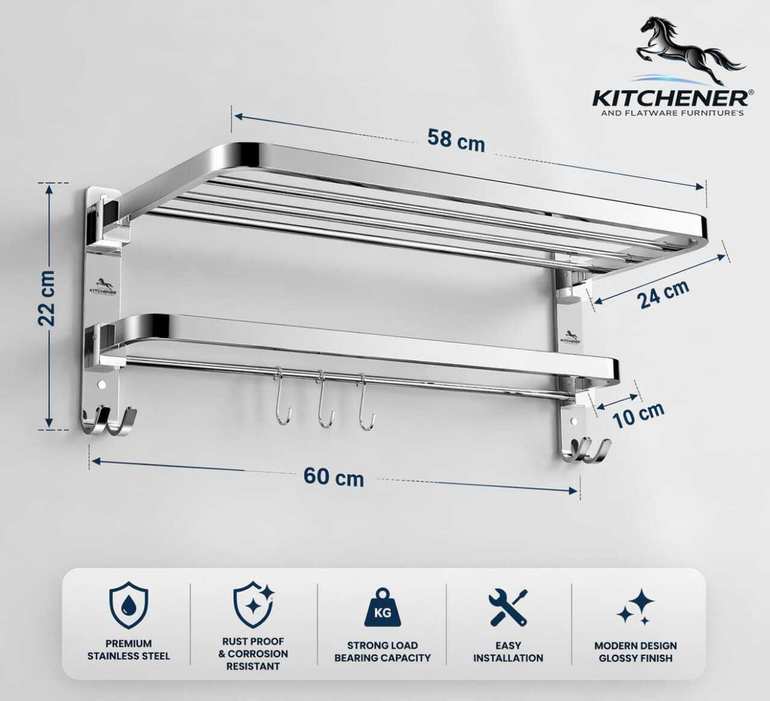 Image of Kitchener 24 Inch Stainless Steel Folding Towel Rack Wall Mounted Bathroom Stand Silver Towel Holder