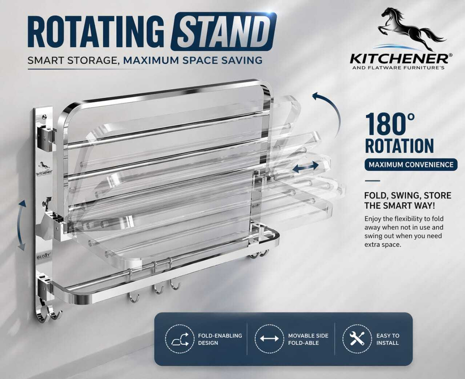 Image of Kitchener 24 Inch Stainless Steel Folding Towel Rack Wall Mounted Bathroom Stand Silver Towel Holder
