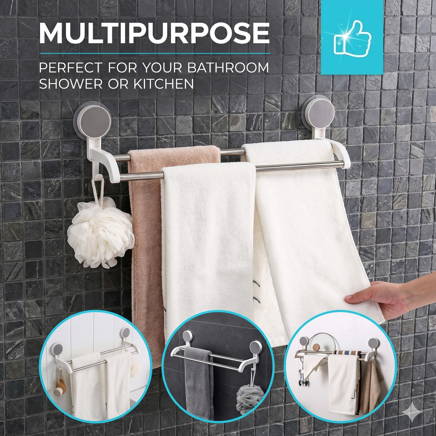 Image of RERAT by RERAT Self-Adhesive Double Towel Bar for Bathroom | No Drill Mounted Towel Rack Premium White & Chrome Grey Towel Holder
