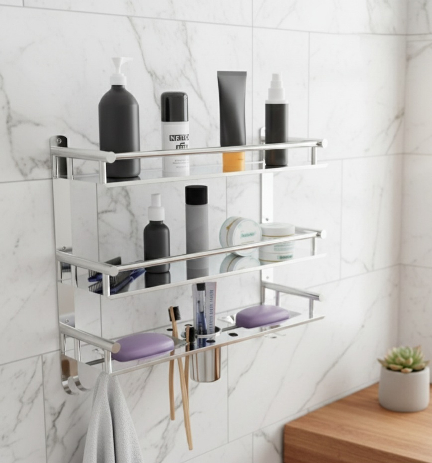 Image of Anju 3 Layer Multipurpose Bathroom Shelf with Double Soap Dish and Tumbler 39 inch 3 Bar Towel Rod