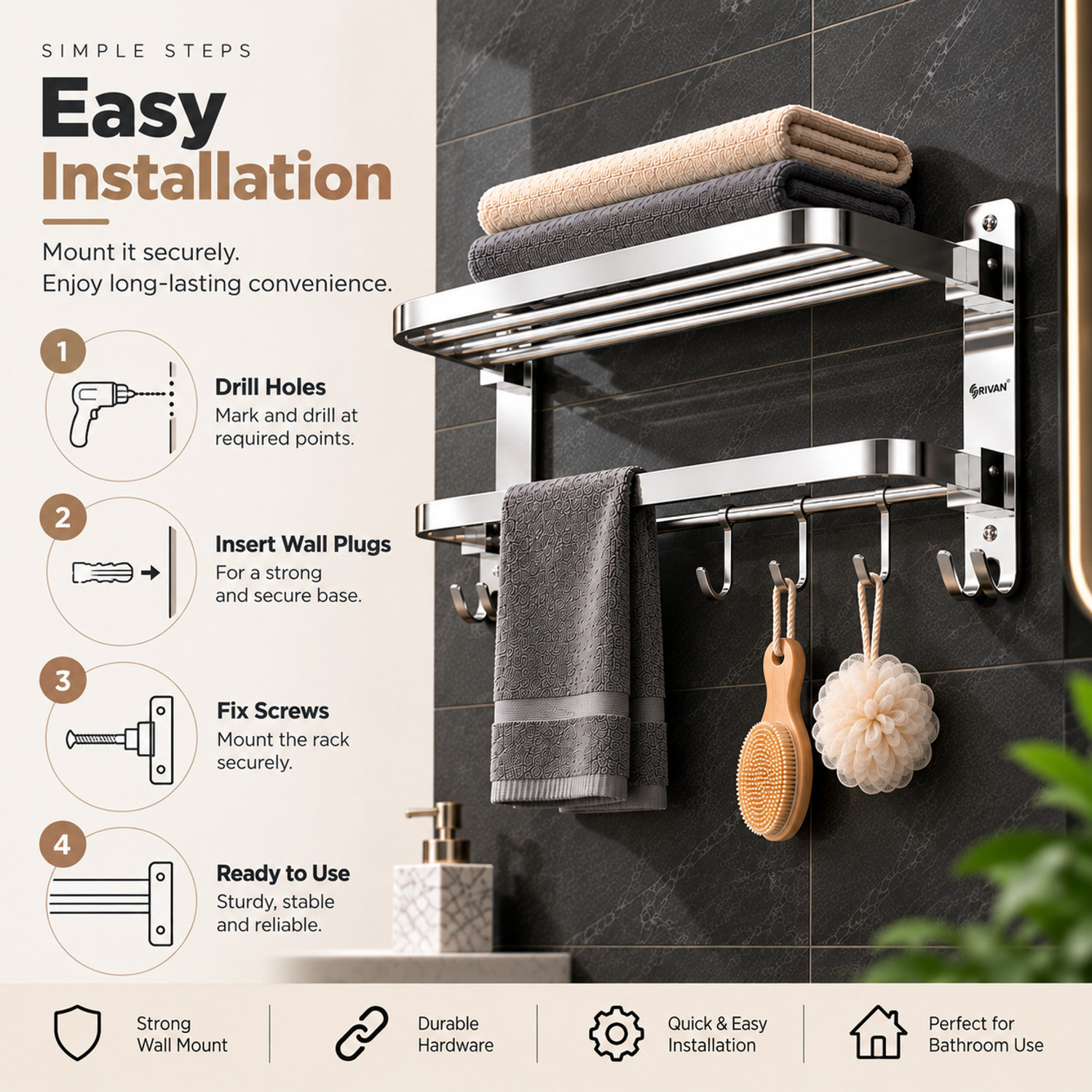 Image of GRIVAN Foldable SS304 Bathroom Towel Hanger with Top Storage Shelf and Hooks | Silver Towel Holder (Stainless Steel)