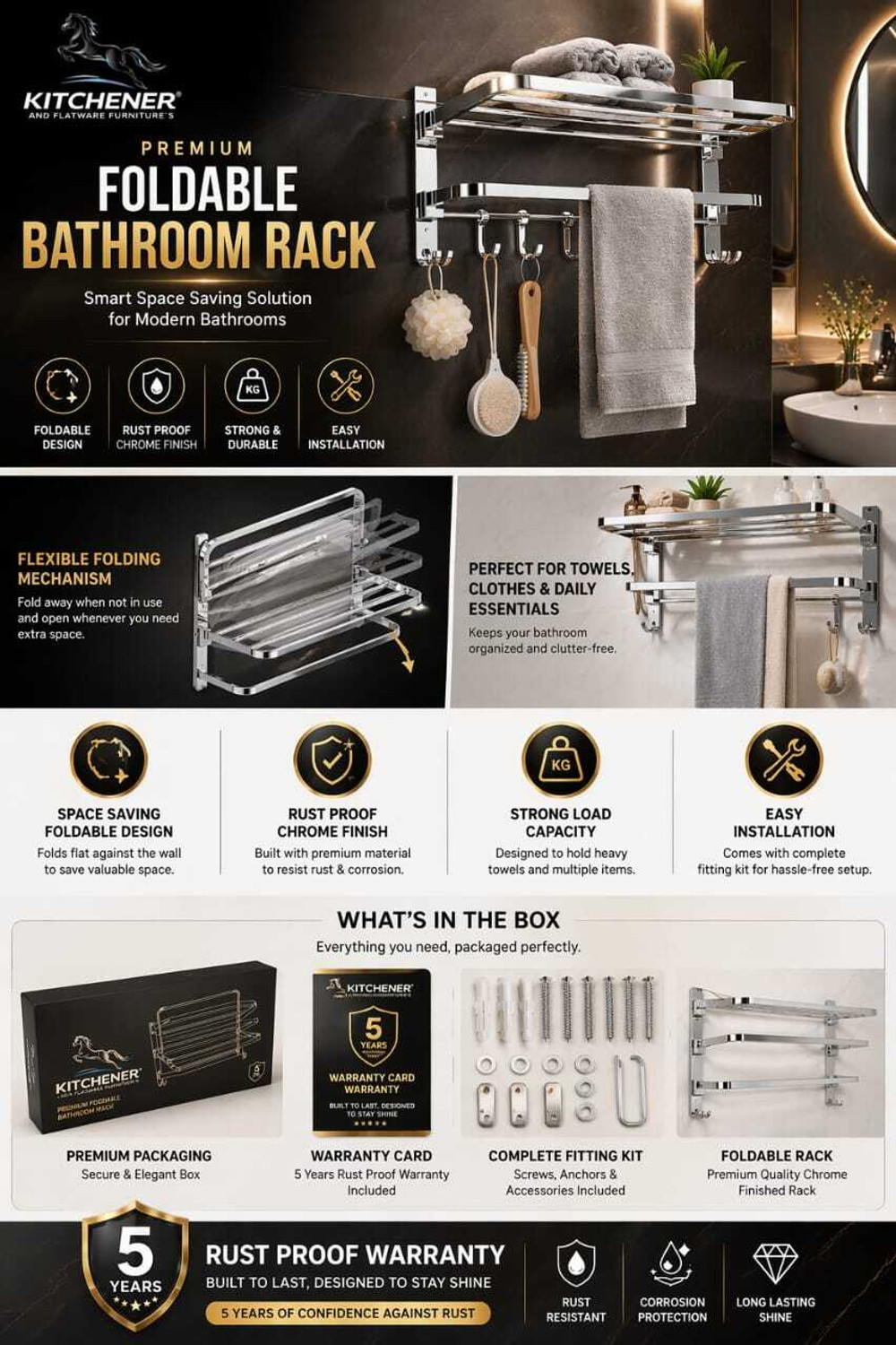 Image of Kitchener 24 Inch Stainless Steel Folding Towel Rack Wall Mounted Bathroom Stand Silver Towel Holder