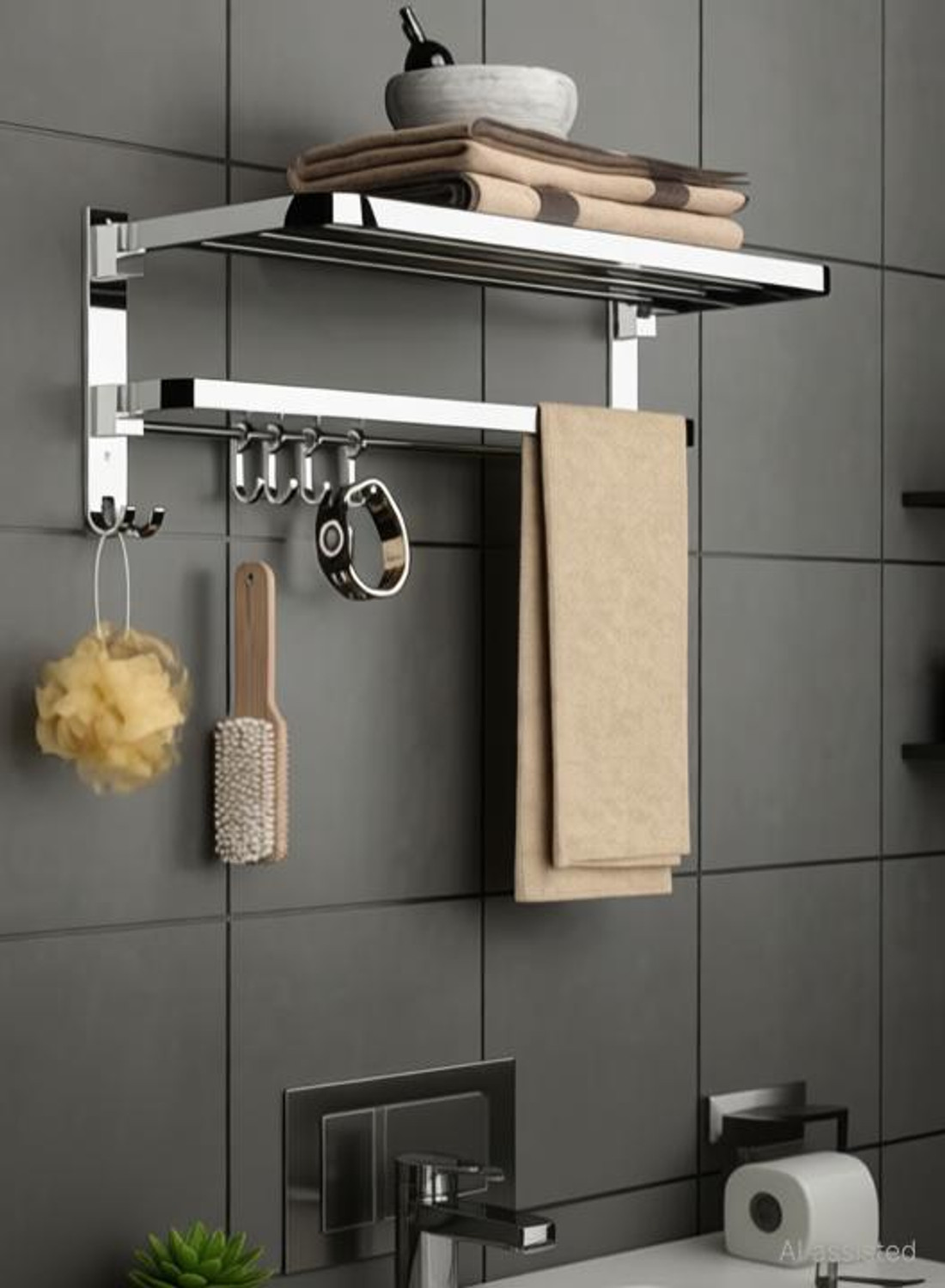 Image of Pinkwhale by Suzi New 24 Inches Stainless Steel Folding Towel Rack for Bathroom Towel Stand Hanger suzi, SILVER Towel Holder