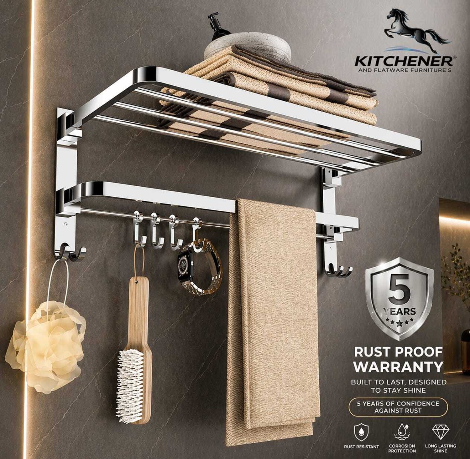 Image of Kitchener 24 Inch Stainless Steel Folding Towel Rack Wall Mounted Bathroom Stand Silver Towel Holder